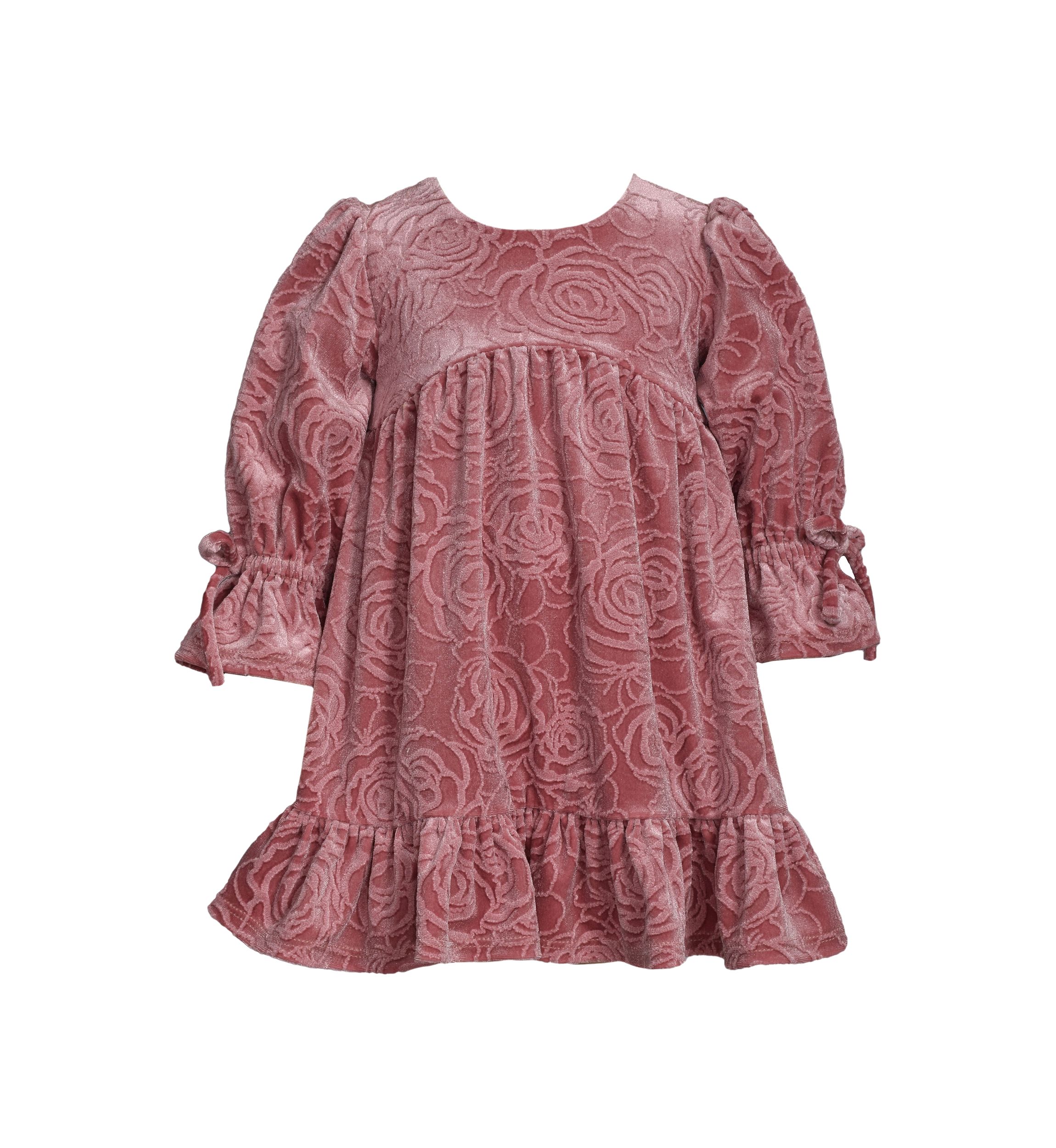 Baby Girls Long Tied Bell Sleeve Embossed Velvet Dress
