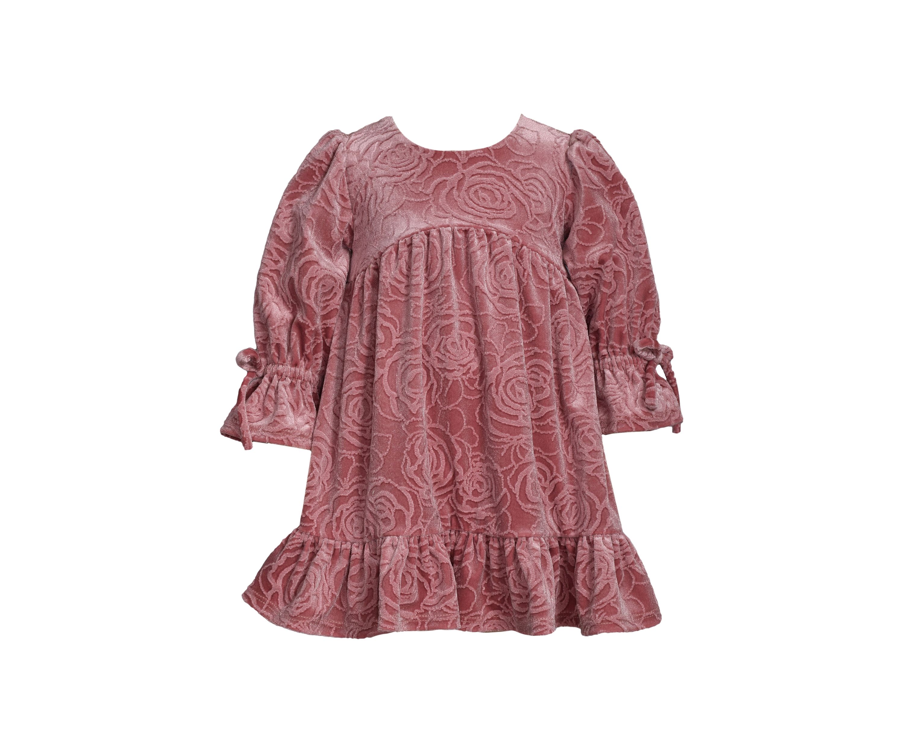 Baby Girls Long Tied Bell Sleeve Embossed Velvet Dress
