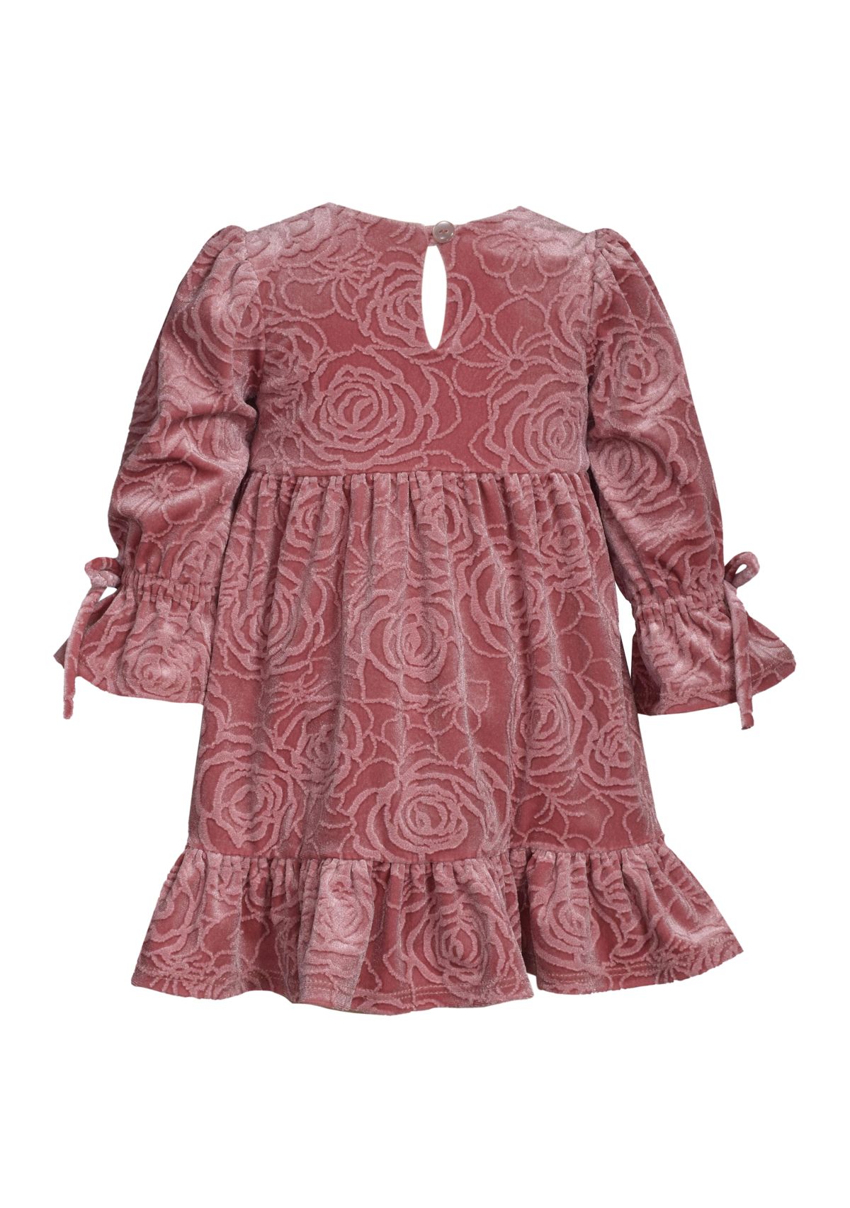 Baby Girls Long Tied Bell Sleeve Embossed Velvet Dress