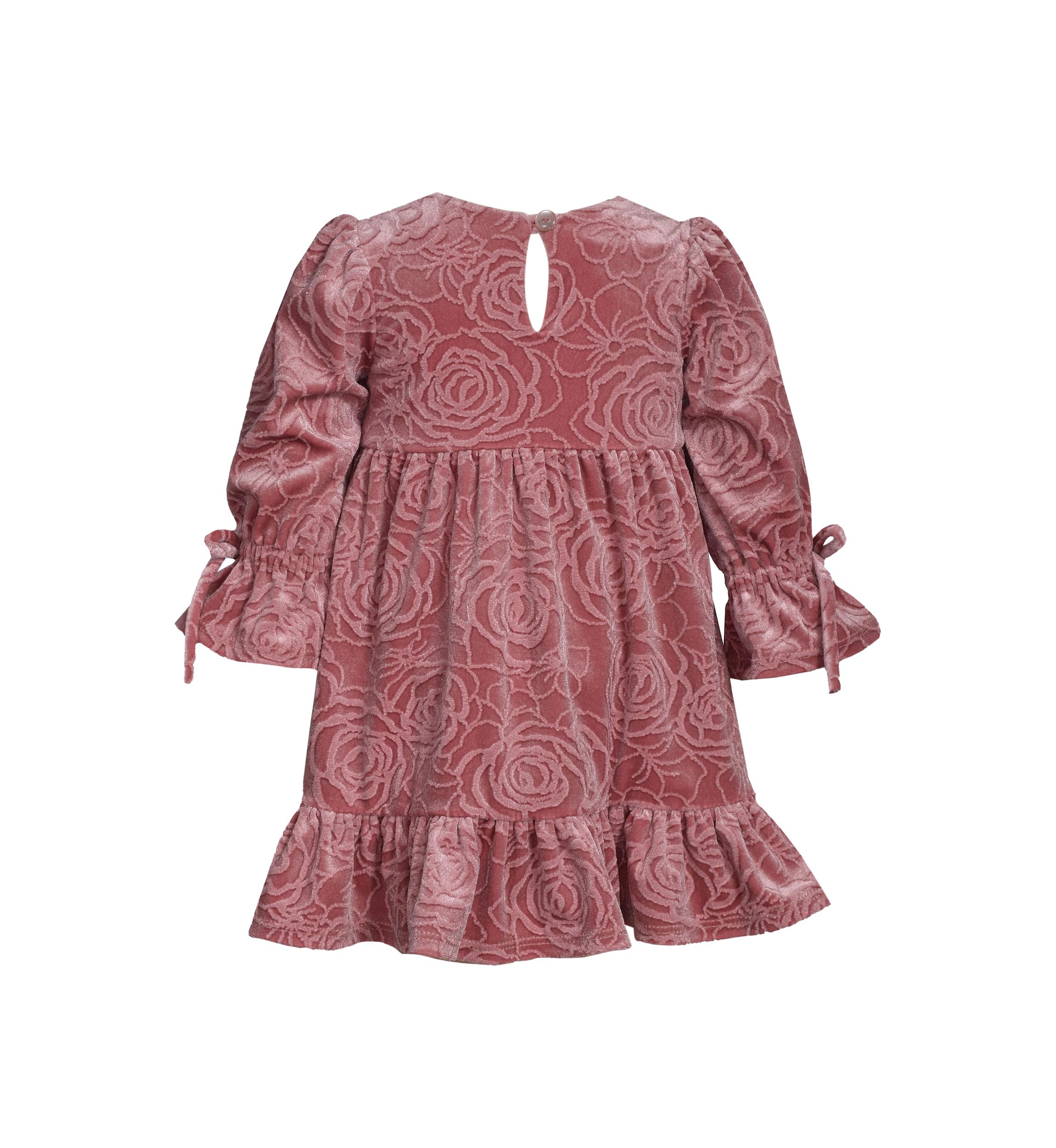 Baby Girls Long Tied Bell Sleeve Embossed Velvet Dress