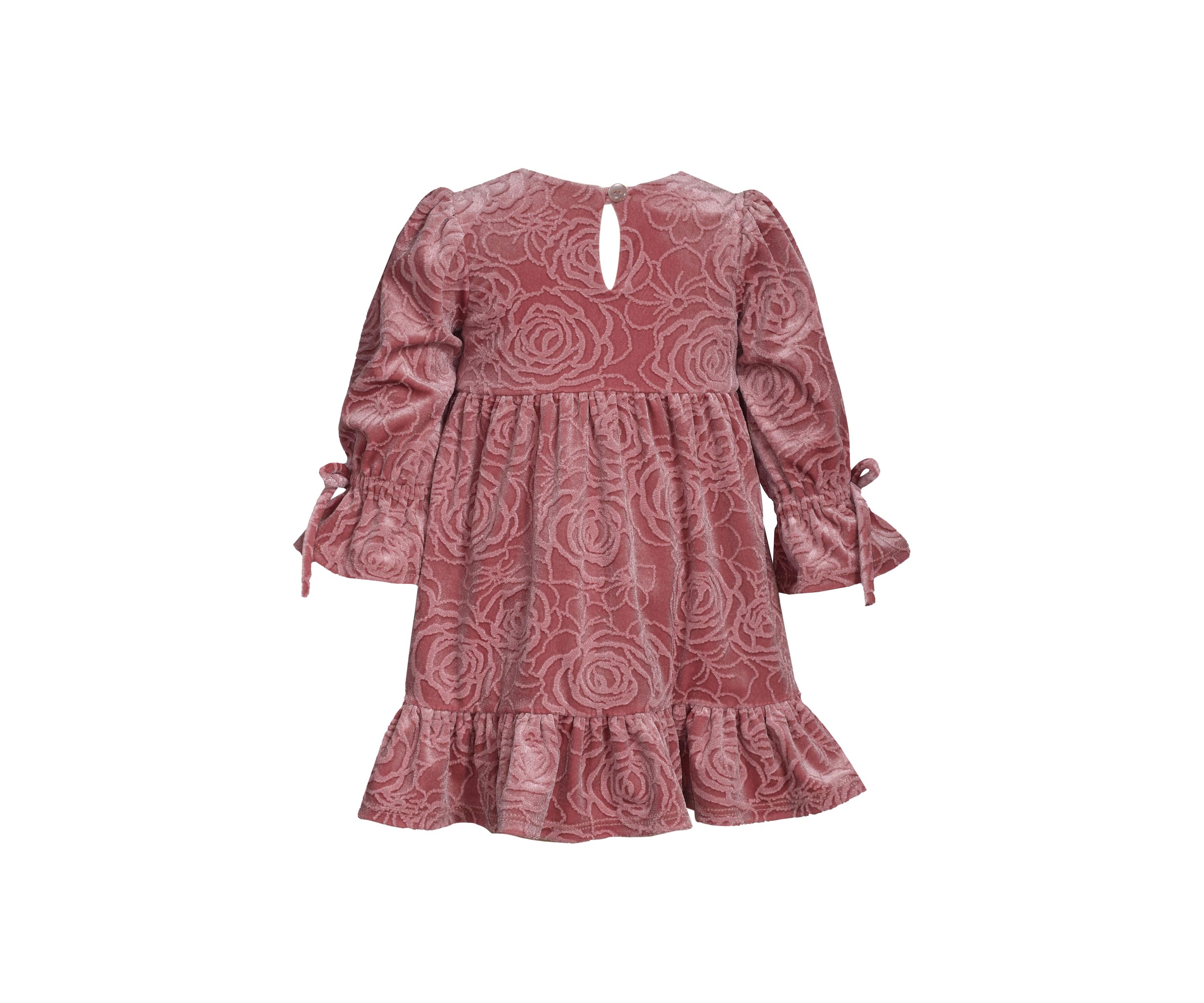 Baby Girls Long Tied Bell Sleeve Embossed Velvet Dress