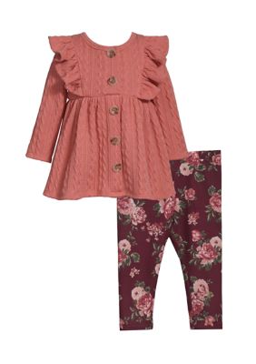 Bonnie Jean Baby Girls Button Front Cardigan and Printed Leggings Set, Coral, 0 - 3 Months