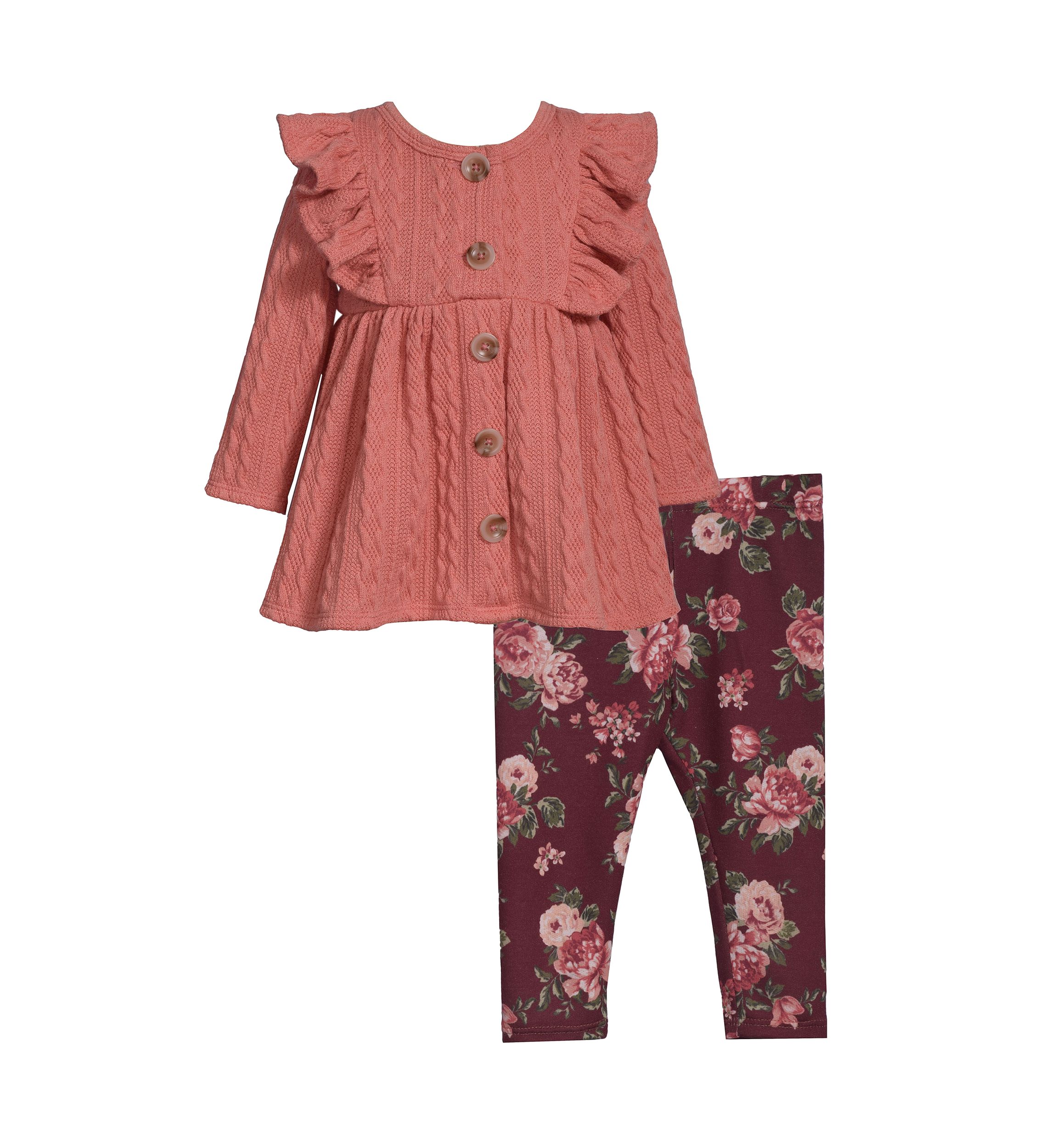 Baby Girls Button Front Cardigan and Printed Leggings Set