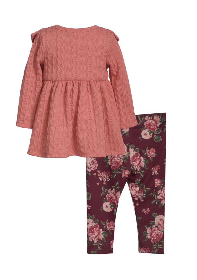 Baby Girls Button Front Cardigan and Printed Leggings Set