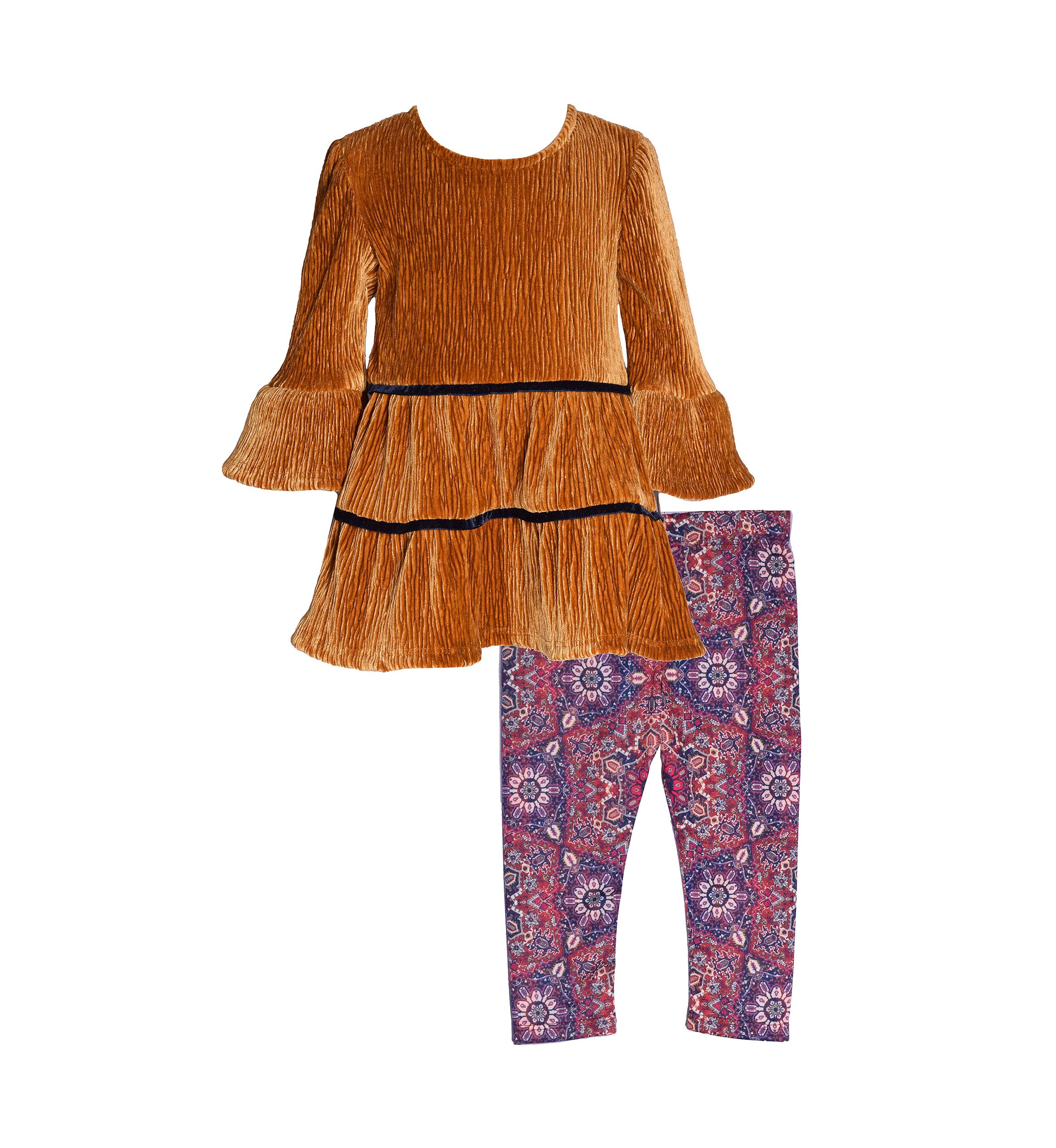 Toddler Girls Tiered Velvet Top and Printed Leggings Set