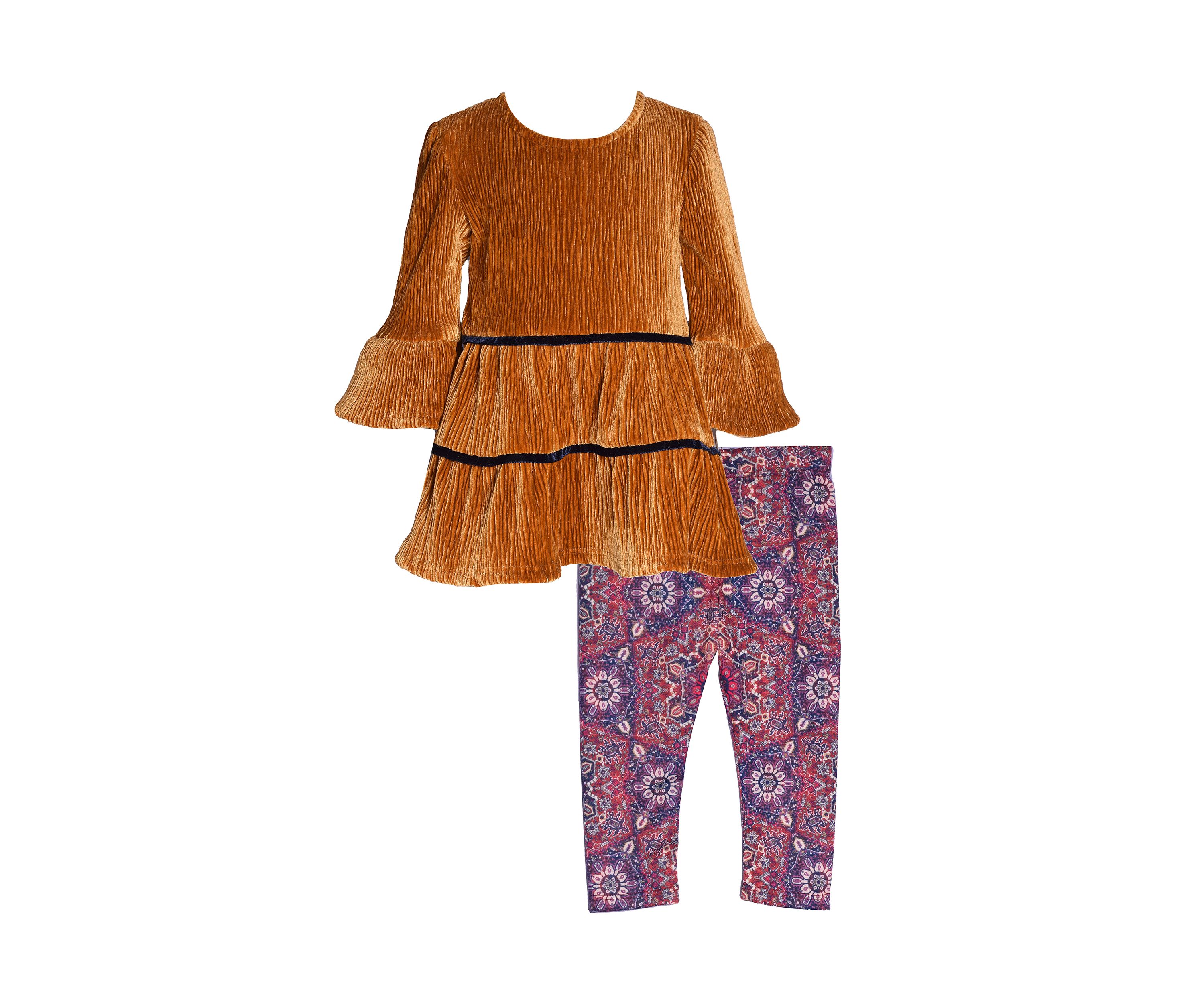 Toddler Girls Tiered Velvet Top and Printed Leggings Set