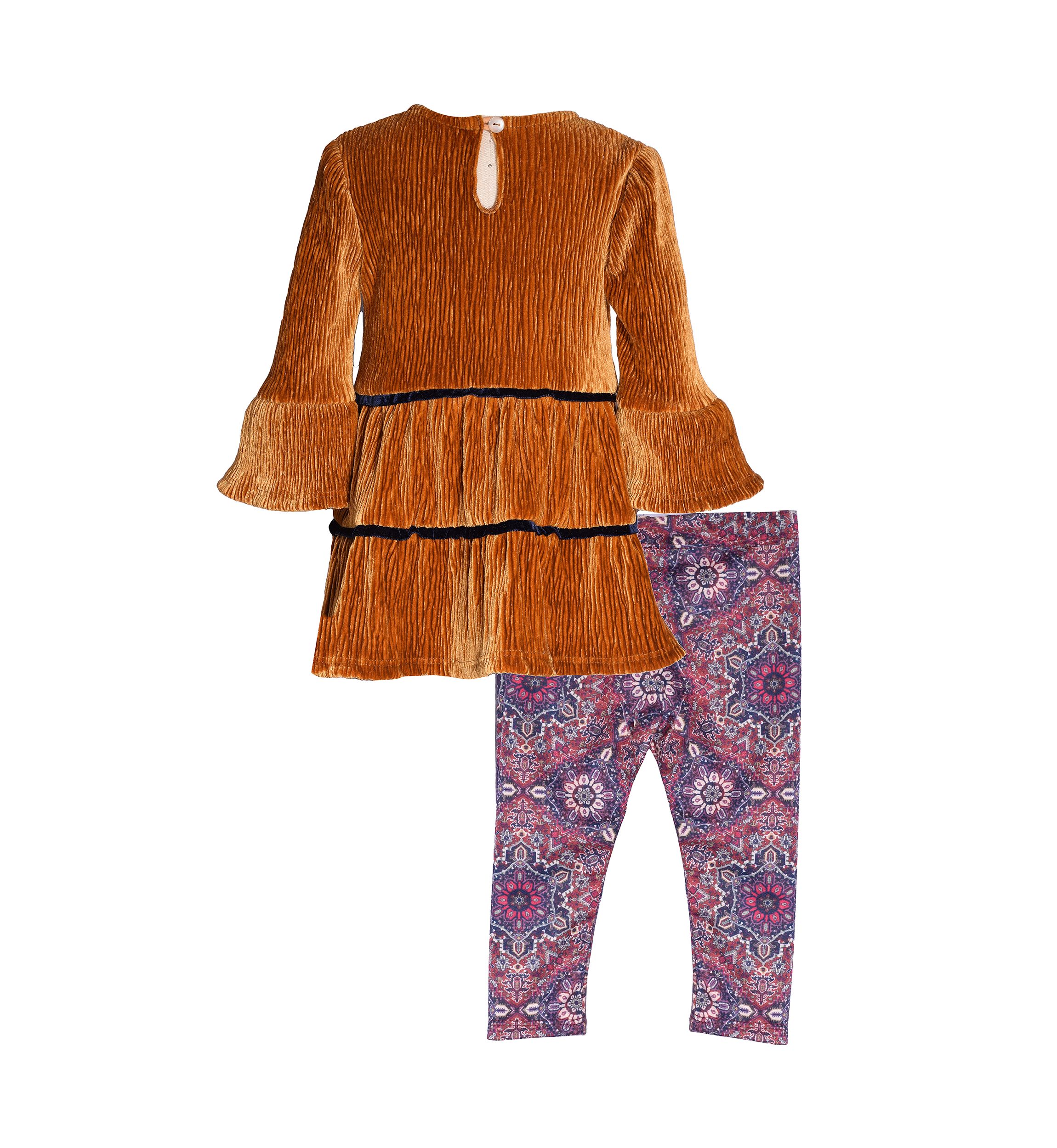 Toddler Girls Tiered Velvet Top and Printed Leggings Set