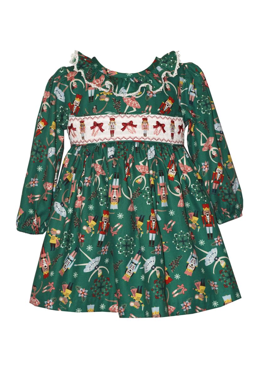 Toddler Girls Long Sleeve Smocked Nutcracker Dress 