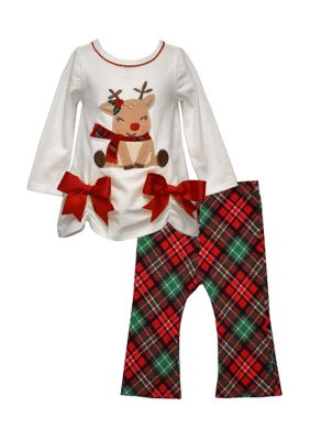 Bonnie Jean Toddler Girls Long Sleeve Reindeer Set with Plaid Leggings, Red, 2T