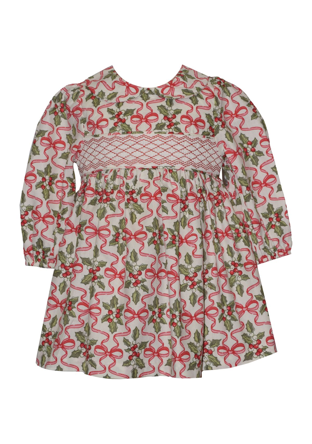 Toddler Girls Long Sleeve Smocked Holly Print Dress