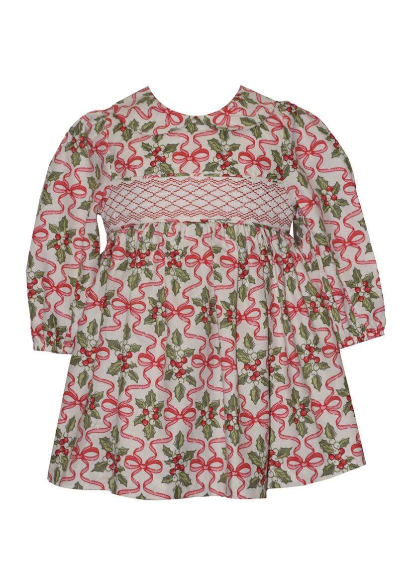 Toddler Girls Long Sleeve Smocked Holly Print Dress