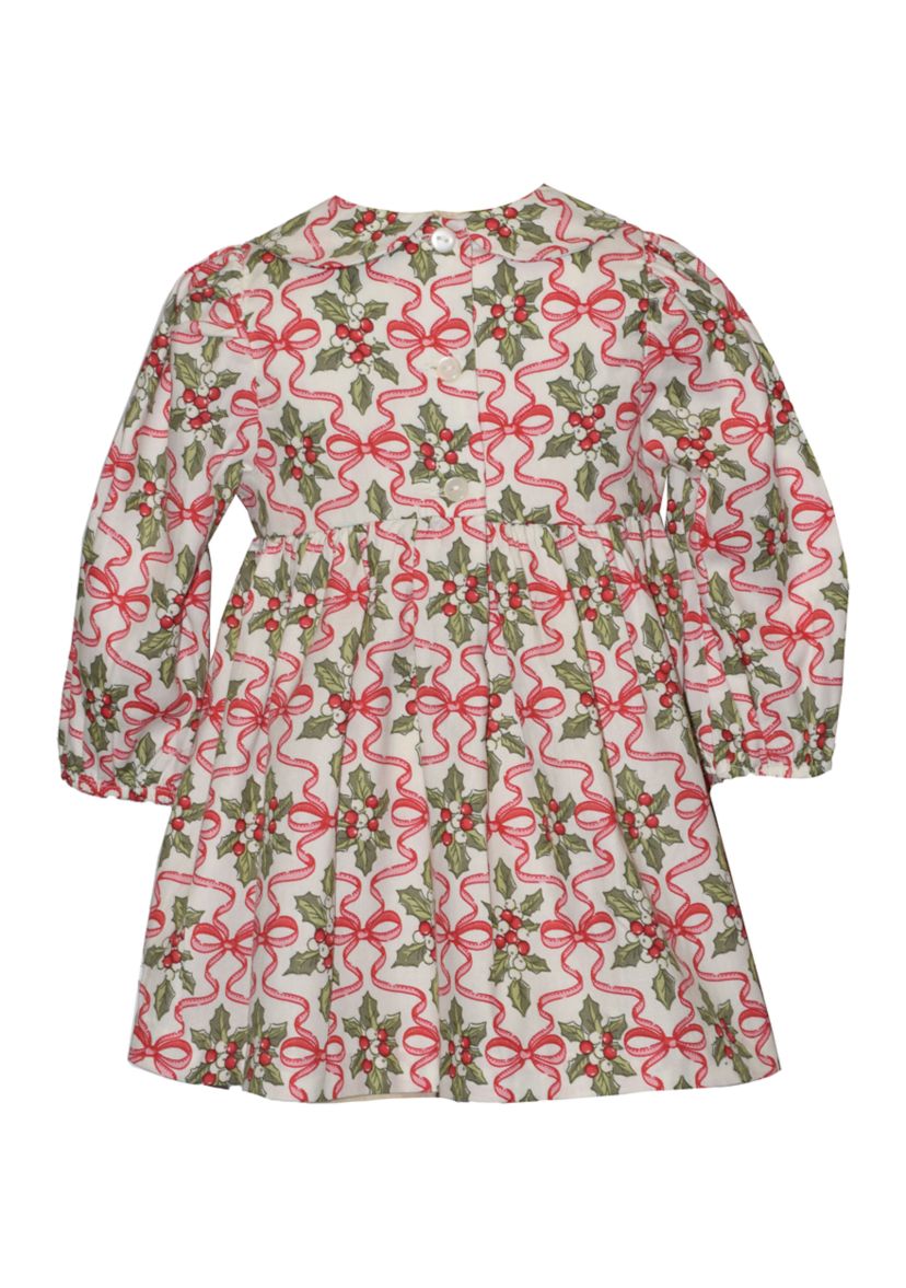 Toddler Girls Long Sleeve Smocked Holly Print Dress