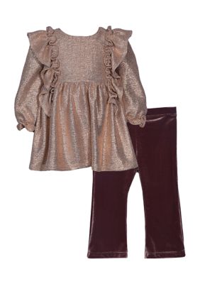 Bonnie Jean Baby Girls Ruffle Top and Velvet Pants Set, Brown, 0-3 Months