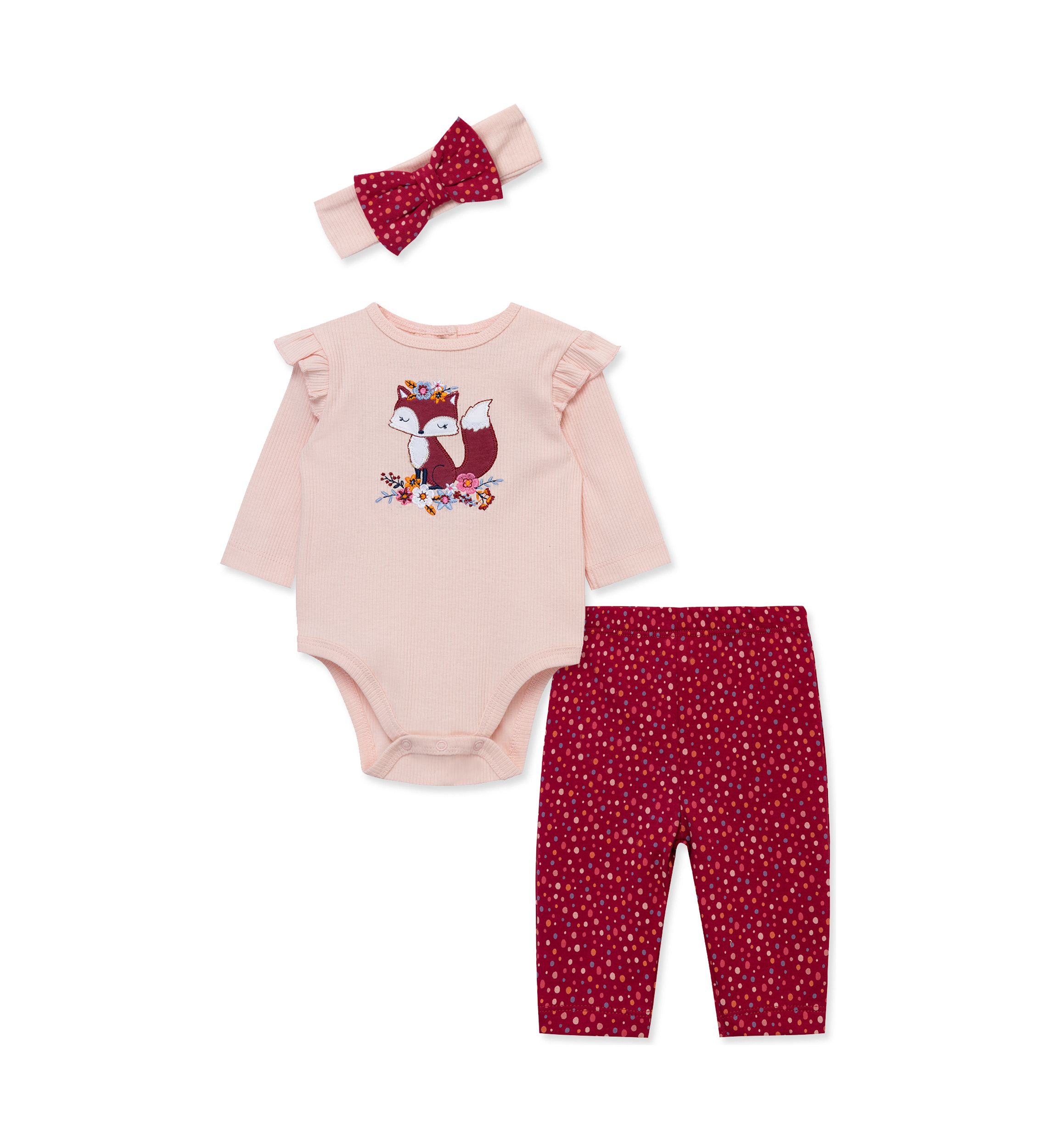 Baby Girls Cute Fox Bodysuit and Printed Pants Set with Headband