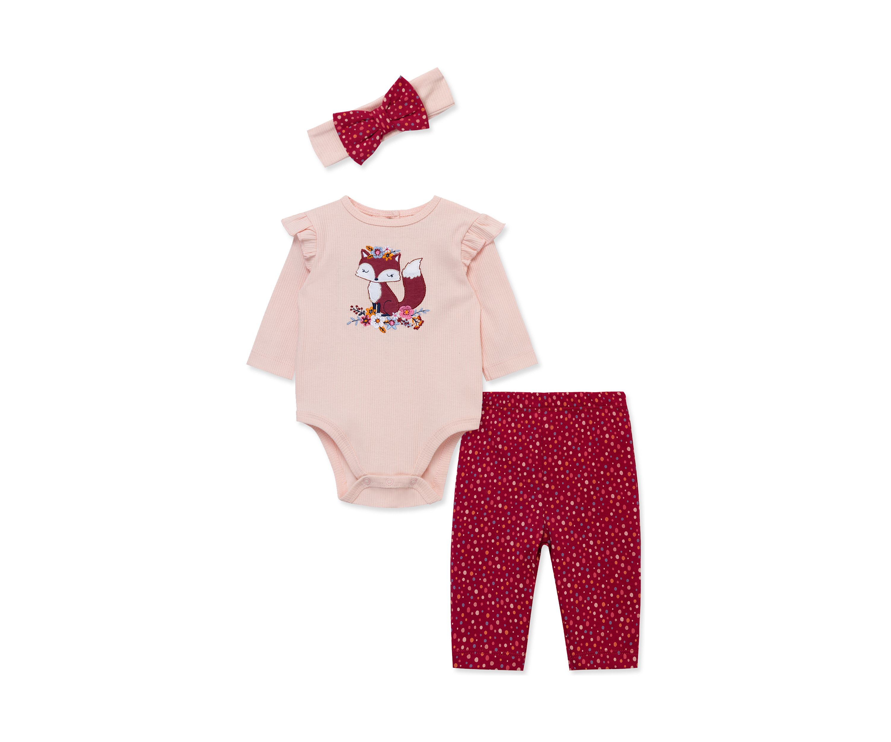 Baby Girls Cute Fox Bodysuit and Printed Pants Set with Headband