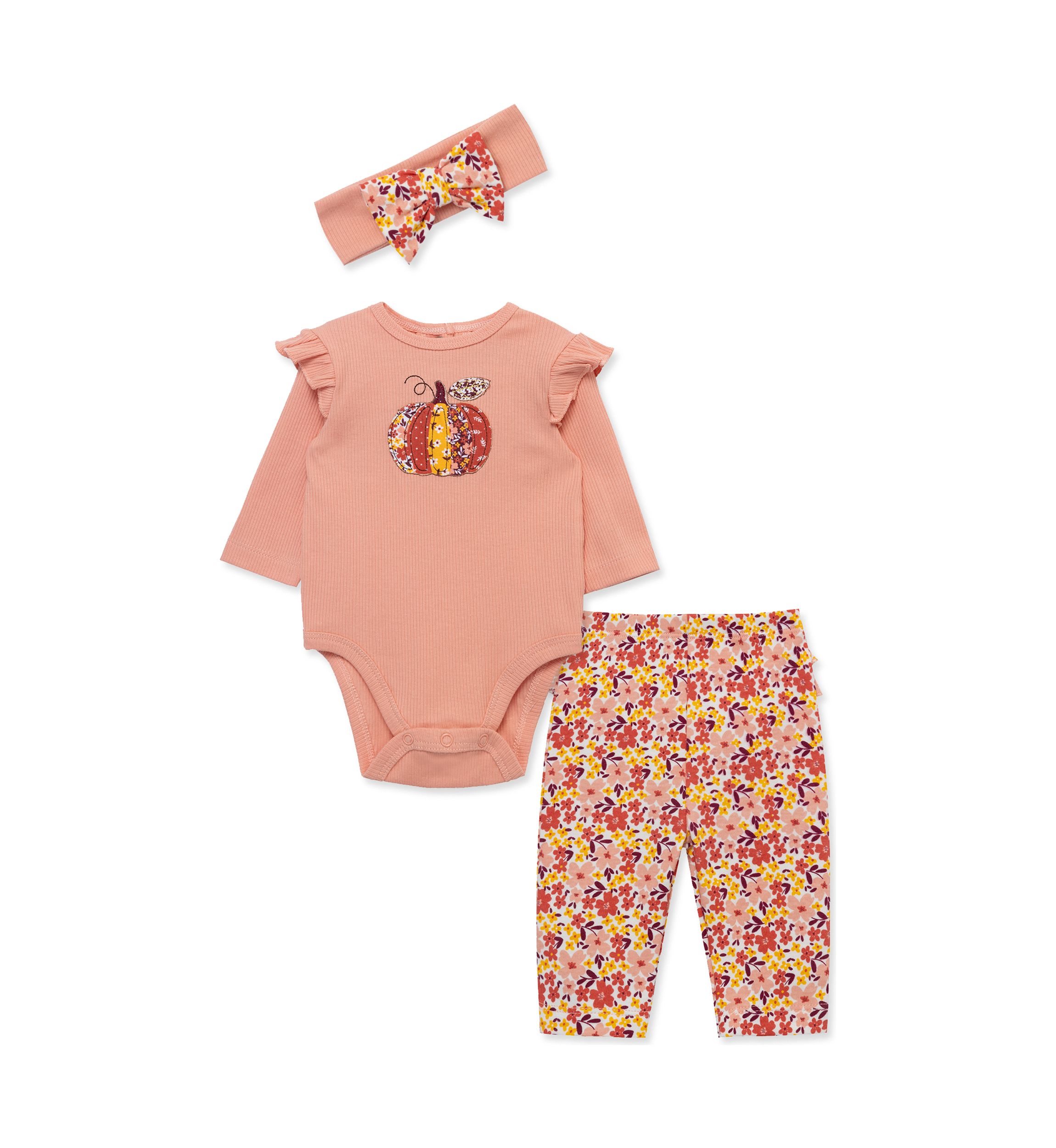 Baby Girls Pumpkin Bodysuit and Pants Set with Headband