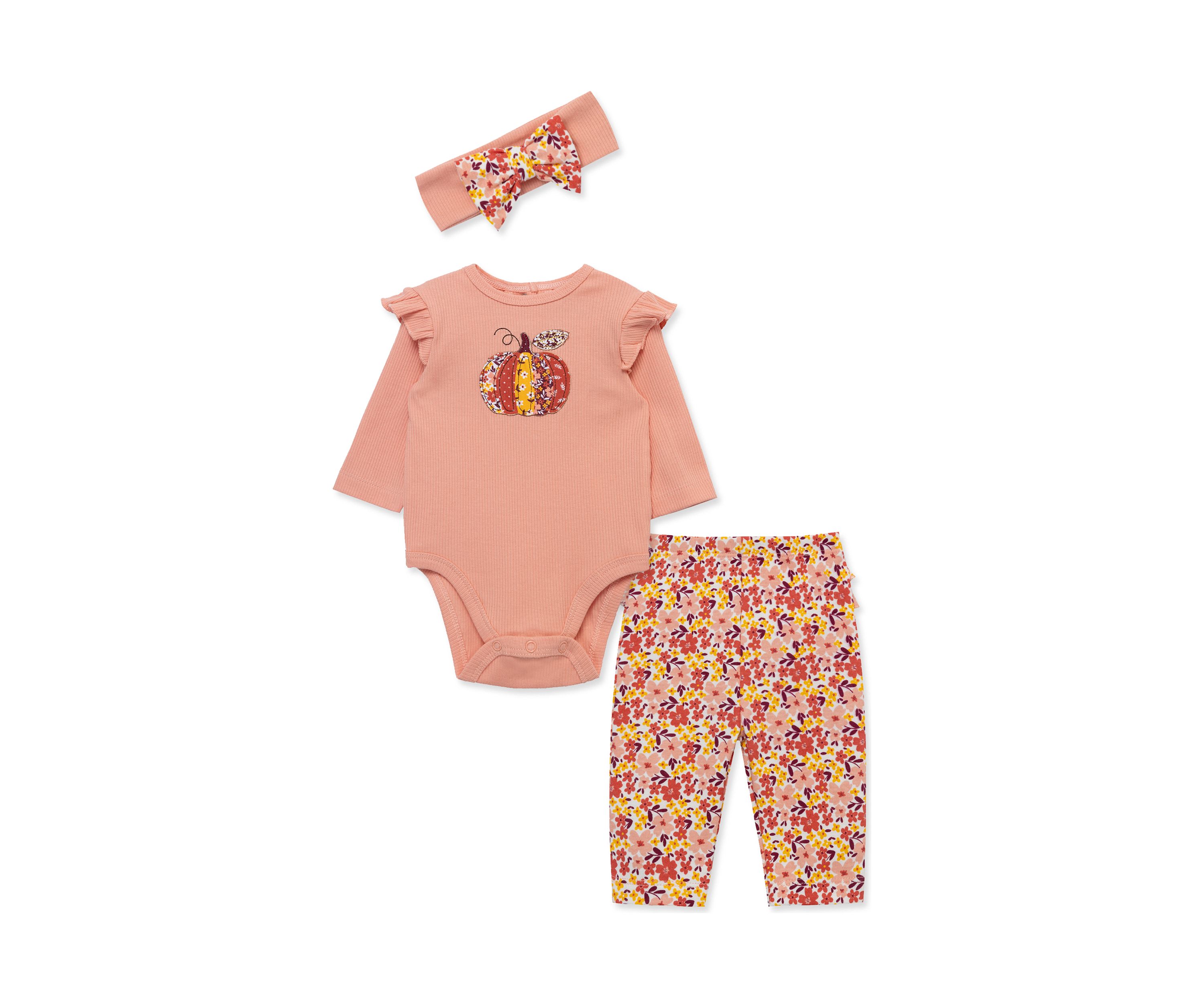 Baby Girls Pumpkin Bodysuit and Pants Set with Headband