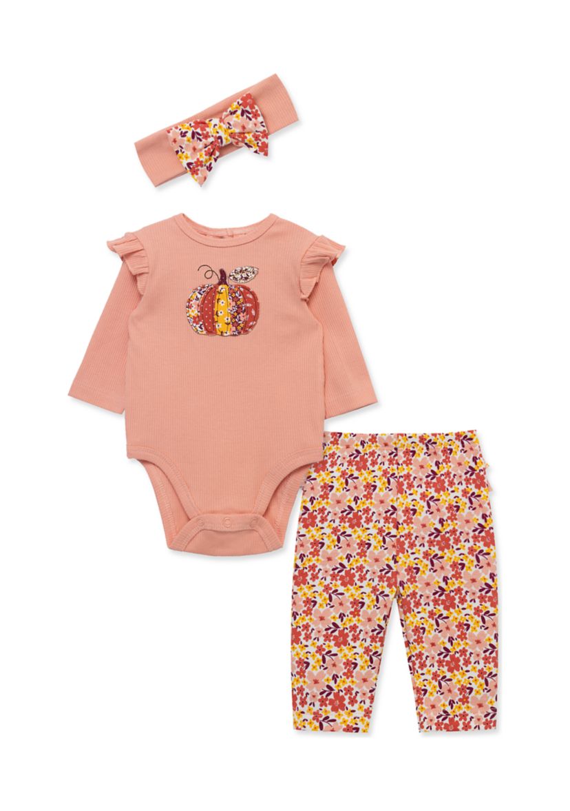 Baby Girls Pumpkin Bodysuit and Pants Set with Headband