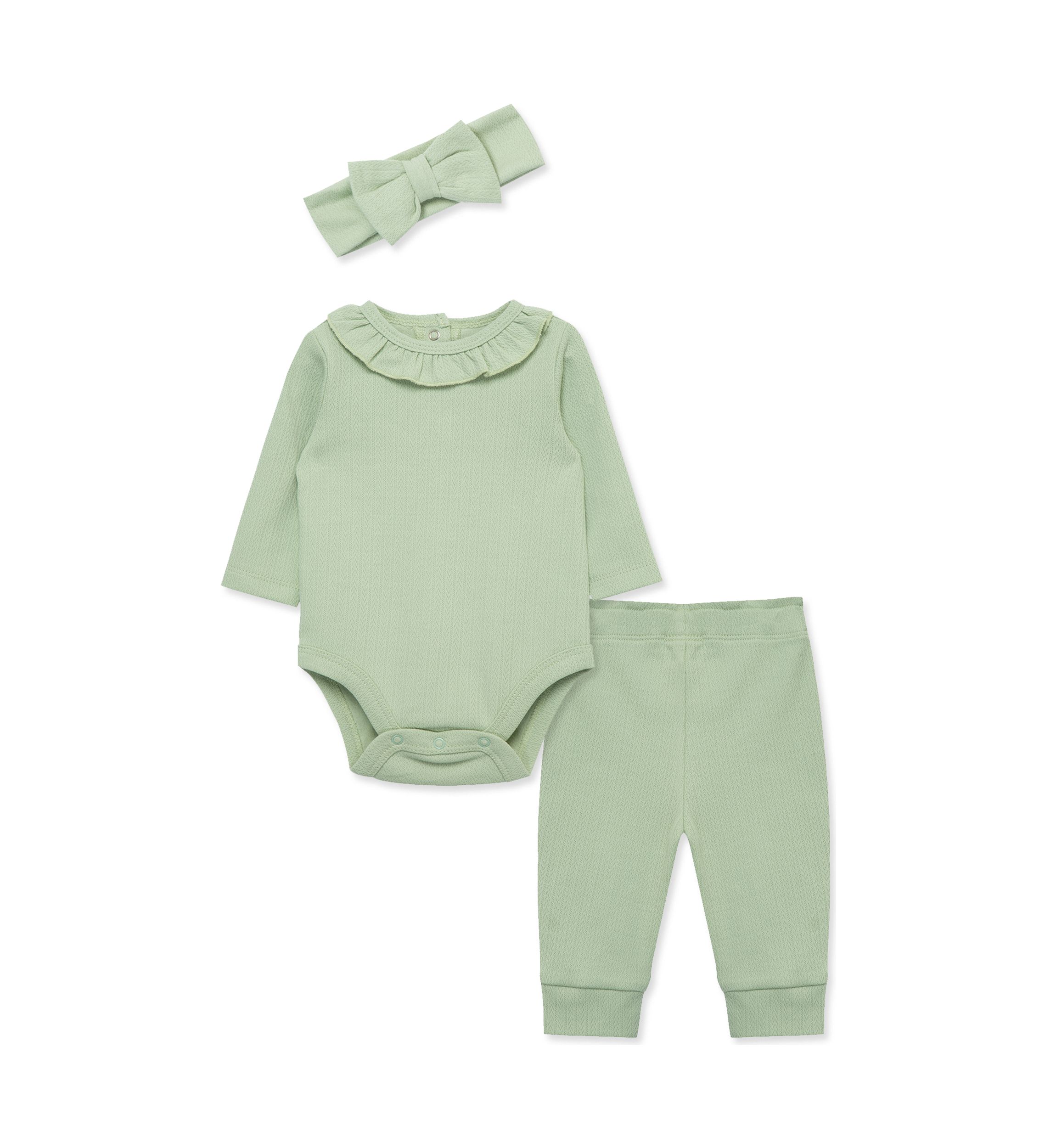 Baby Girls Green Bodysuit and Pants Set with Headband