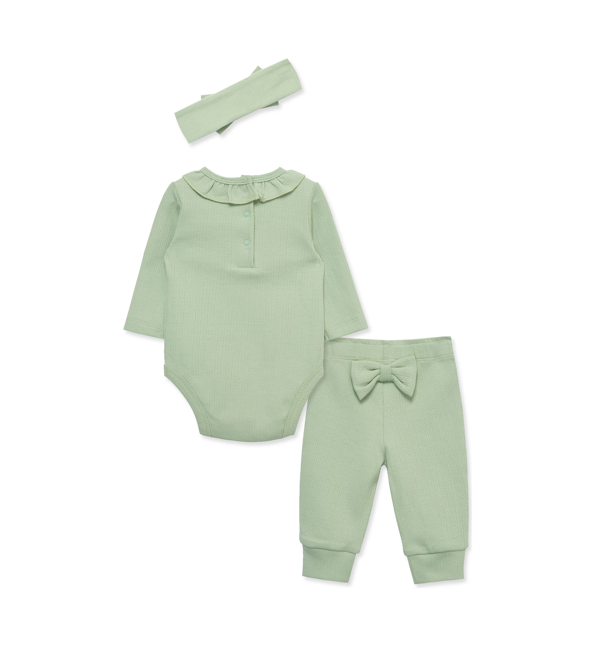 Baby Girls Green Bodysuit and Pants Set with Headband