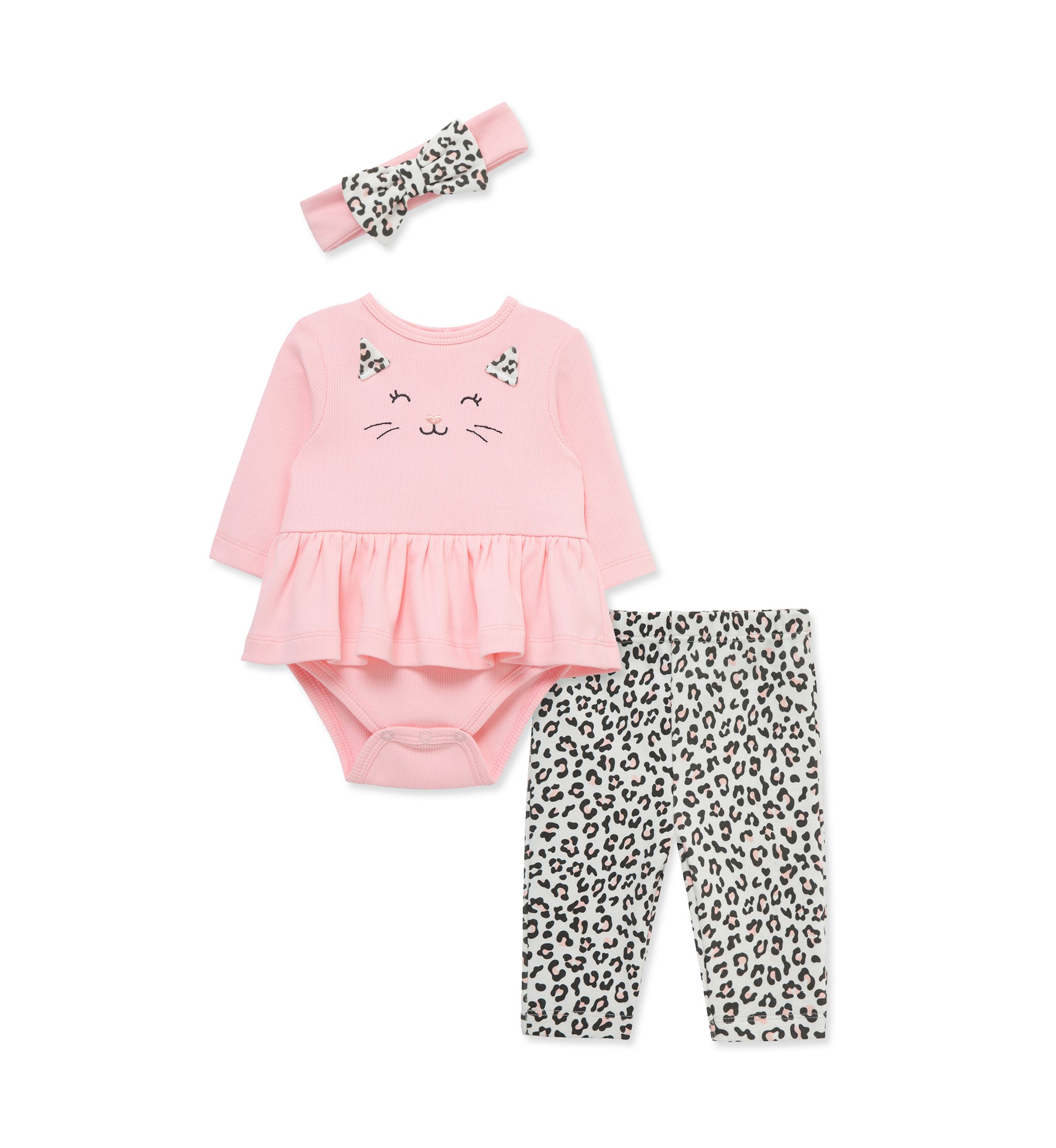 Baby Girls Leopard Bodysuit and Pants Set with Headband