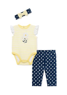 Little Me Baby Girls Daisy Bodysuit and Pants Set with Headband