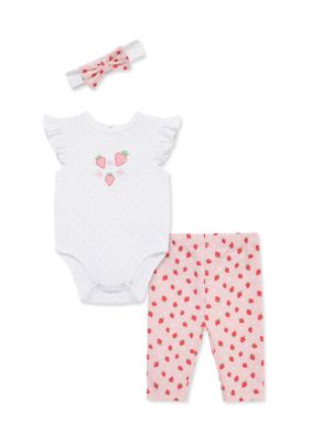 Little Me Baby Girls Strawberry Bodysuit and Pants Set with Headband