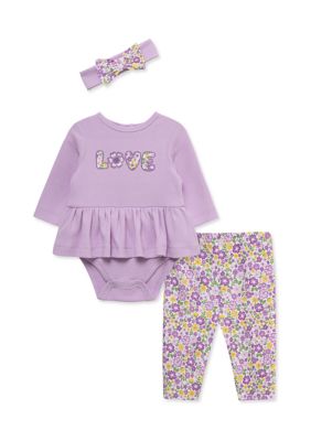 Little Me Baby Girls Bodysuit and Pants Set with Headband, Lilac, 9 Months
