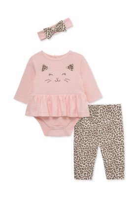 Little Me Baby Girls Bodysuit and Pants Set with Bow Headband, Pink, 9 Months