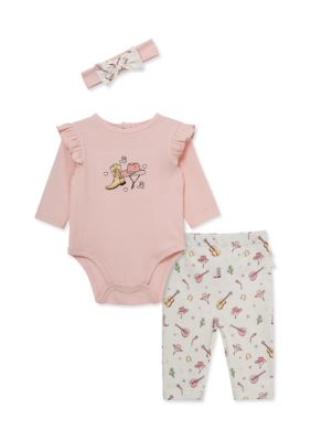 Little Me Baby Girls Western Bodysuit Set with Headband, Pink, 9 Months