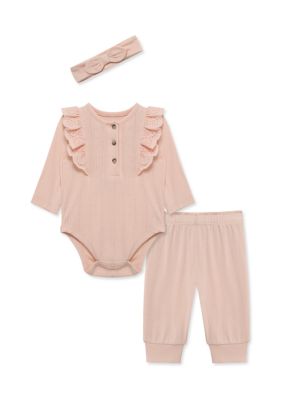 Little Me Baby Girls Eyelet Bodysuit and Pants Set with Headband, Pink, 9 Months