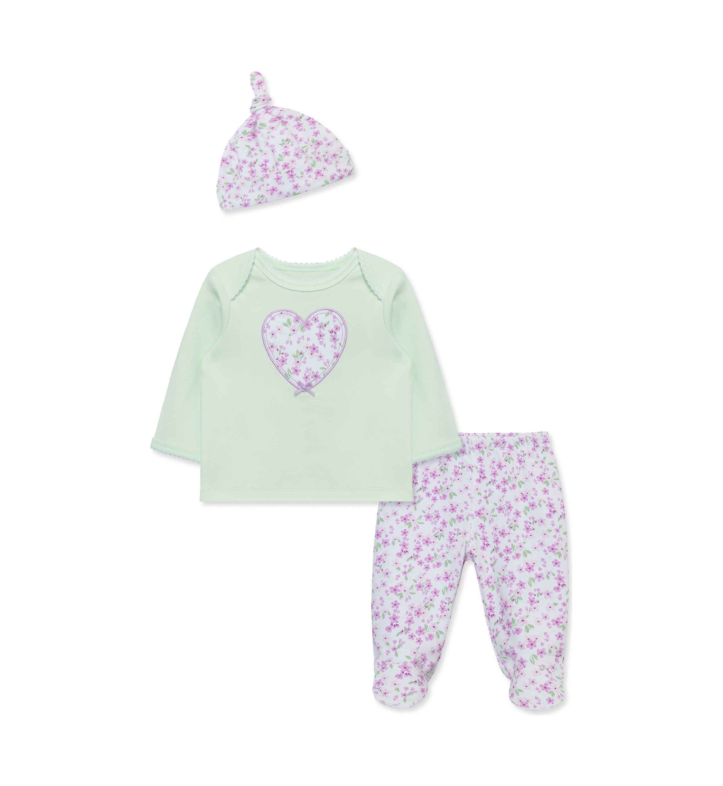 Baby Girls Floral and Heart Printed Pants Set with Hat