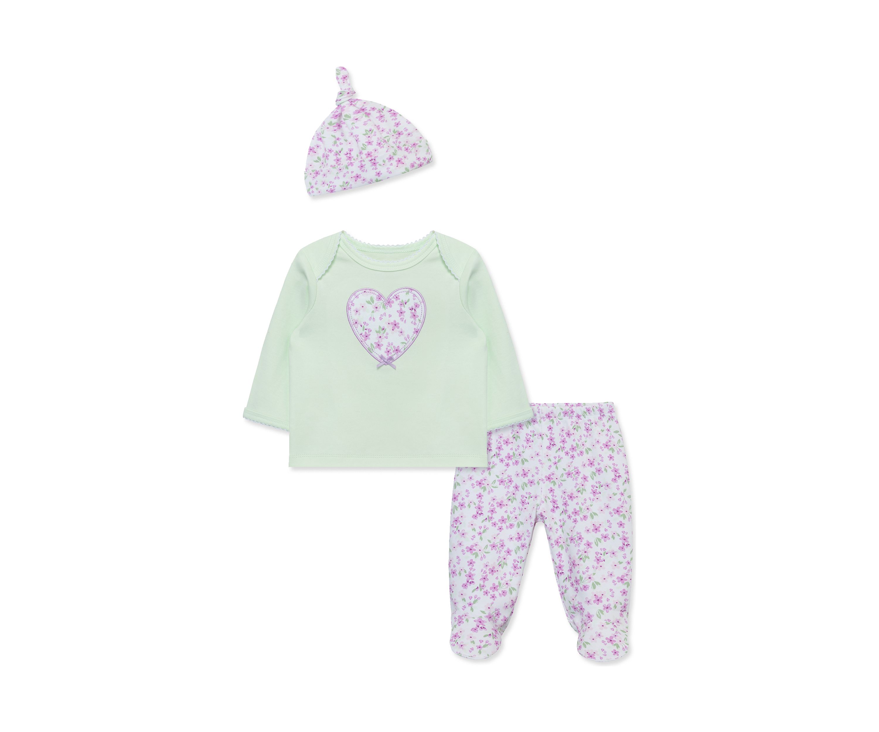 Baby Girls Floral and Heart Printed Pants Set with Hat