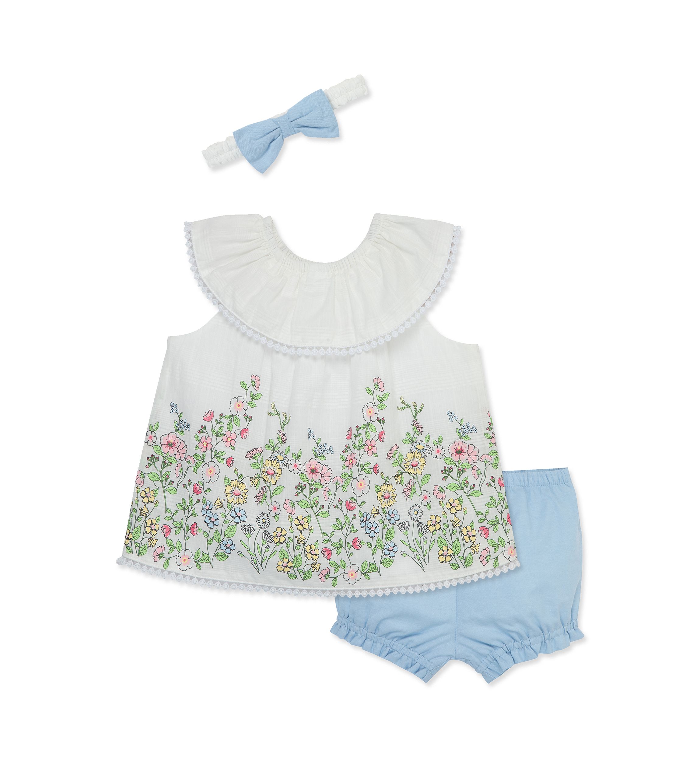 Baby Girls Floral Border Top and Chambray Shorts Set with Headband