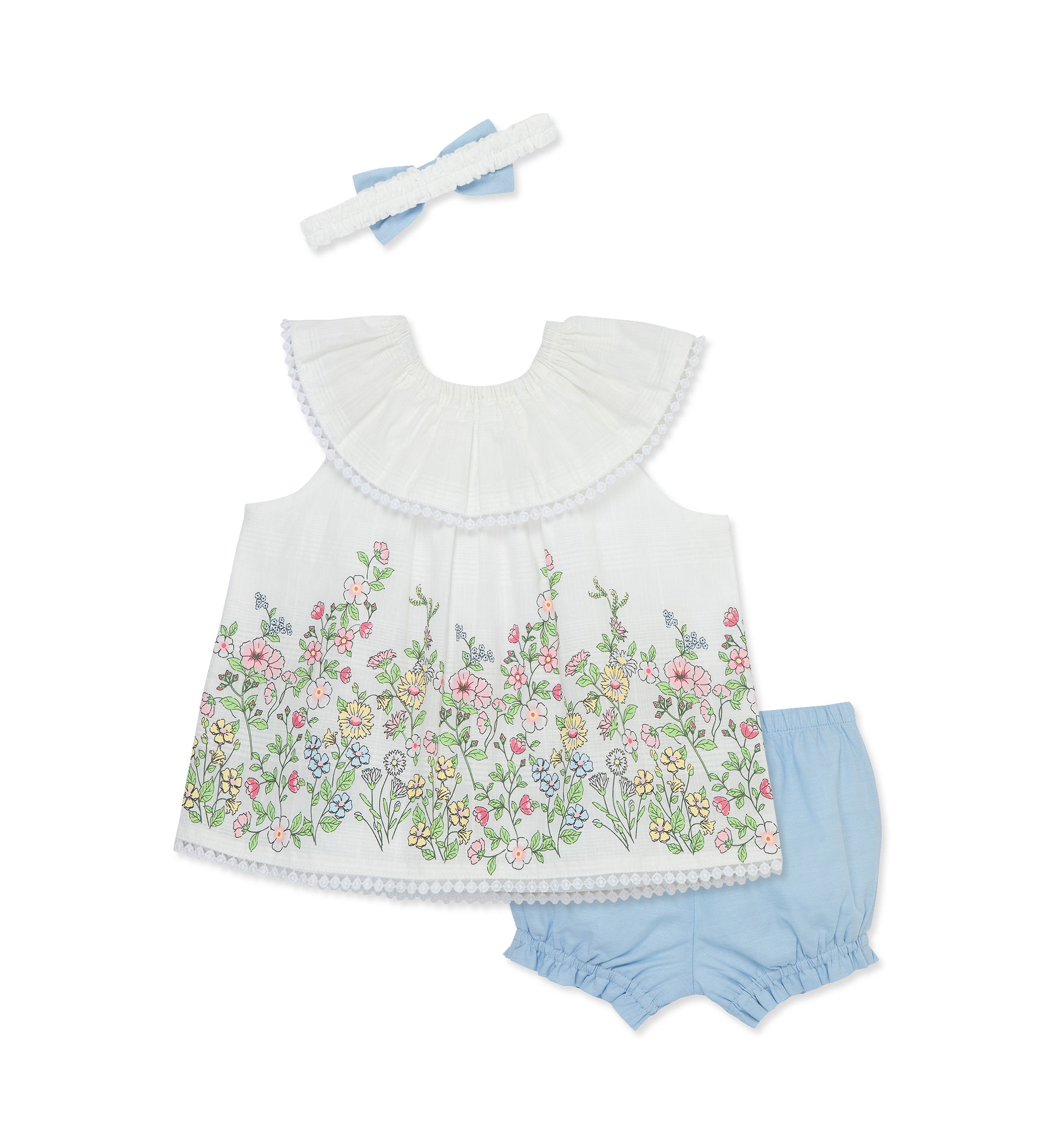 Baby Girls Floral Border Top and Chambray Shorts Set with Headband
