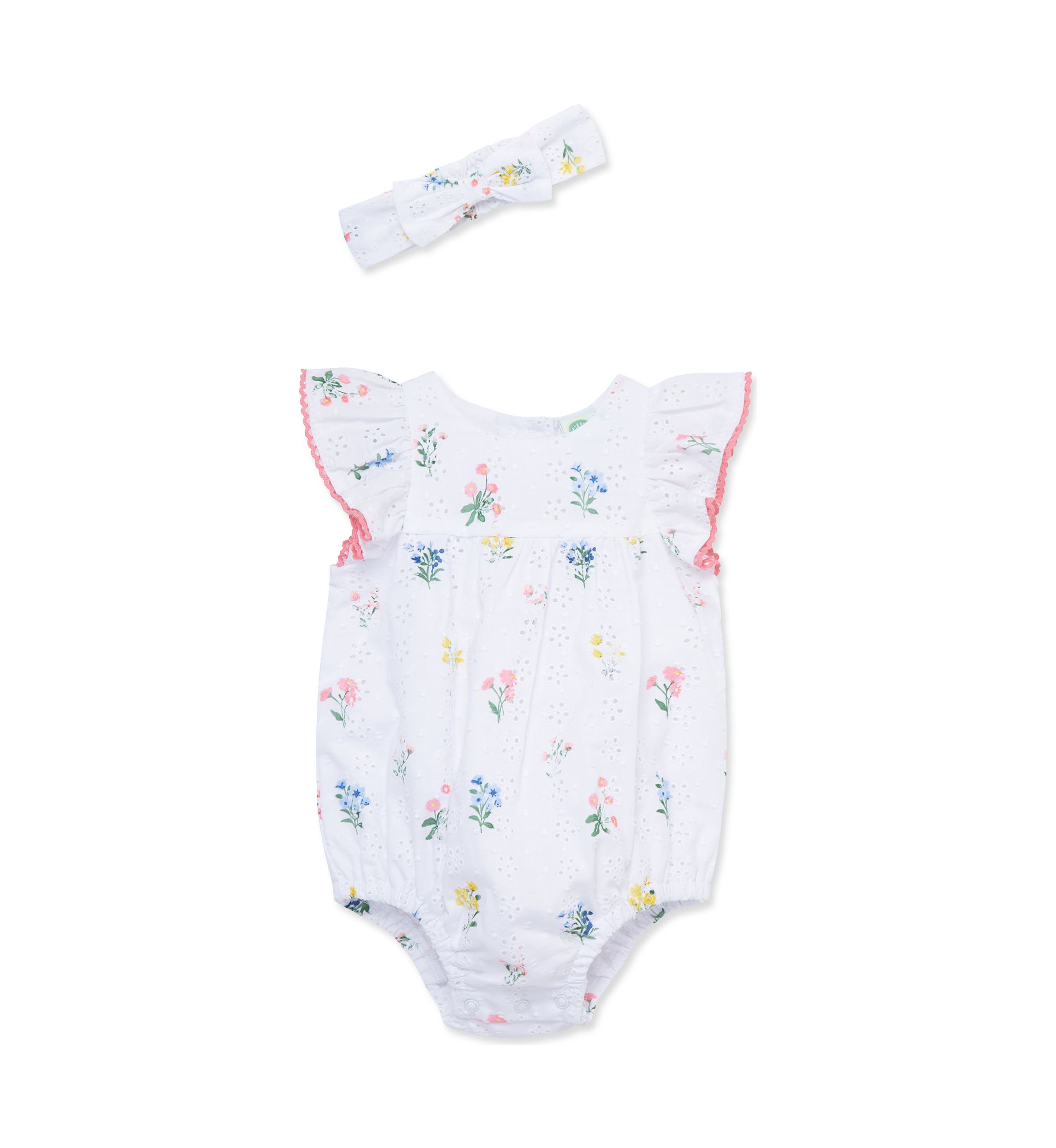 Baby Girls Eyelet Floral Bubble Romper with Headband