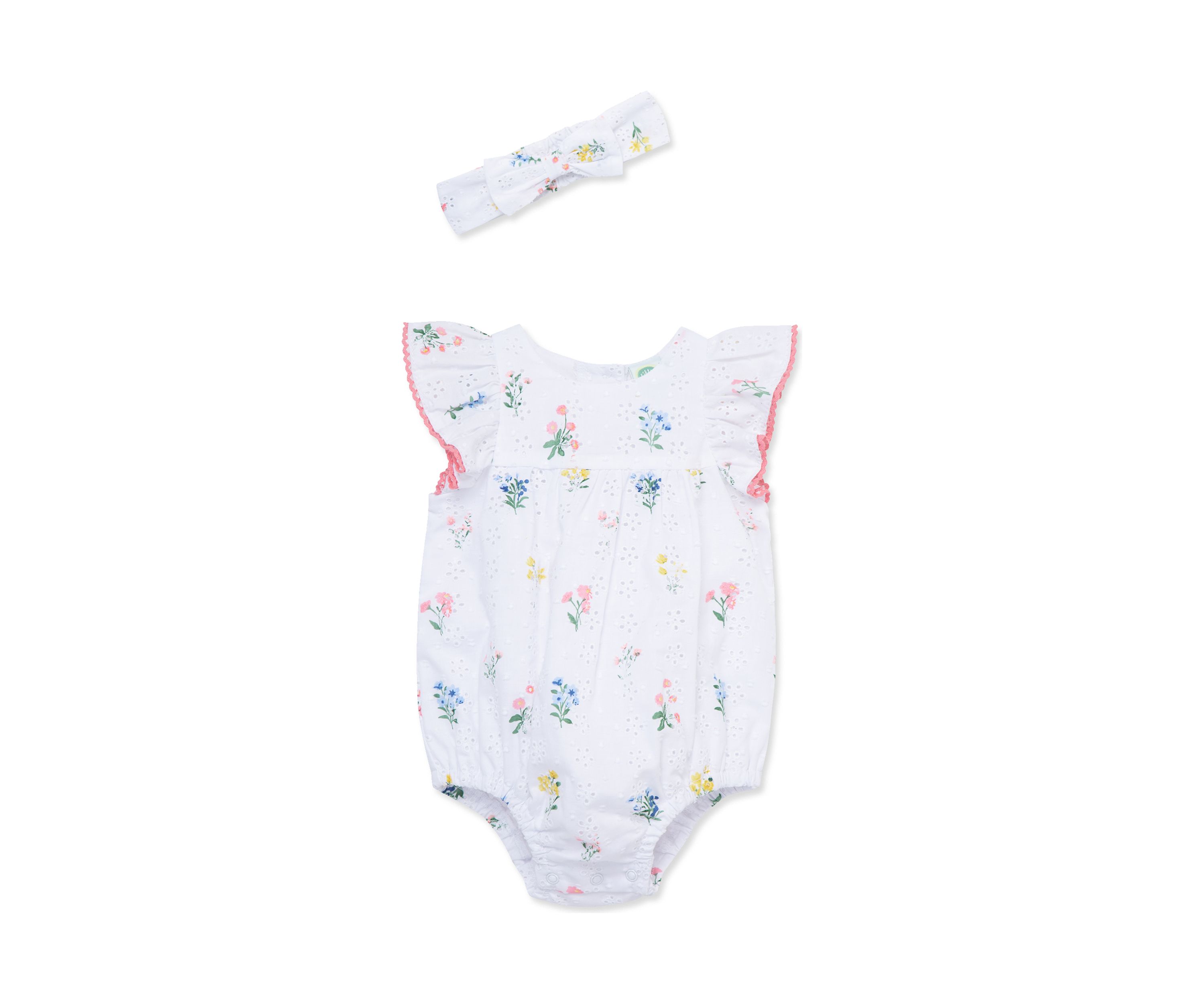 Baby Girls Eyelet Floral Bubble Romper with Headband