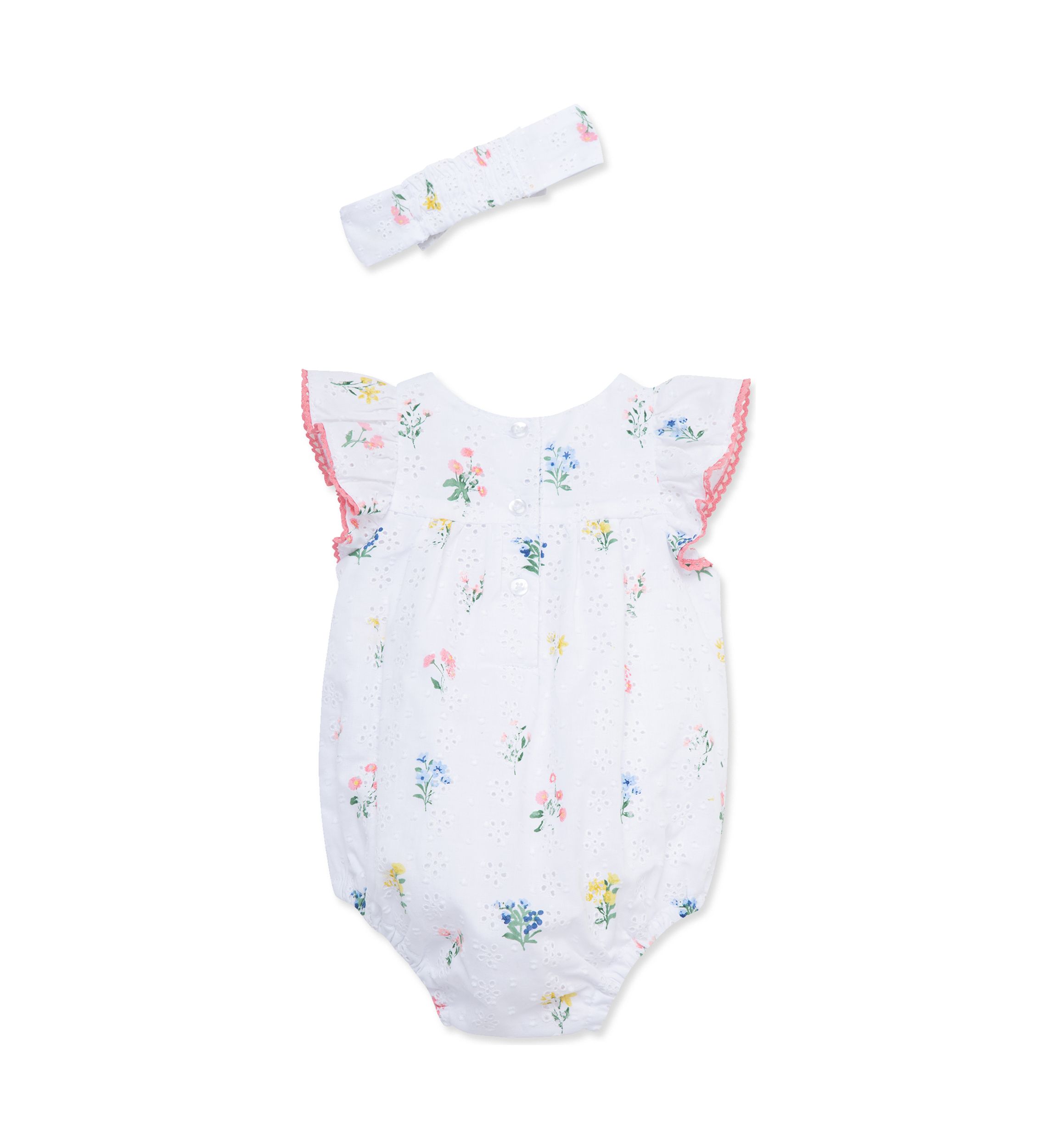 Baby Girls Eyelet Floral Bubble Romper with Headband