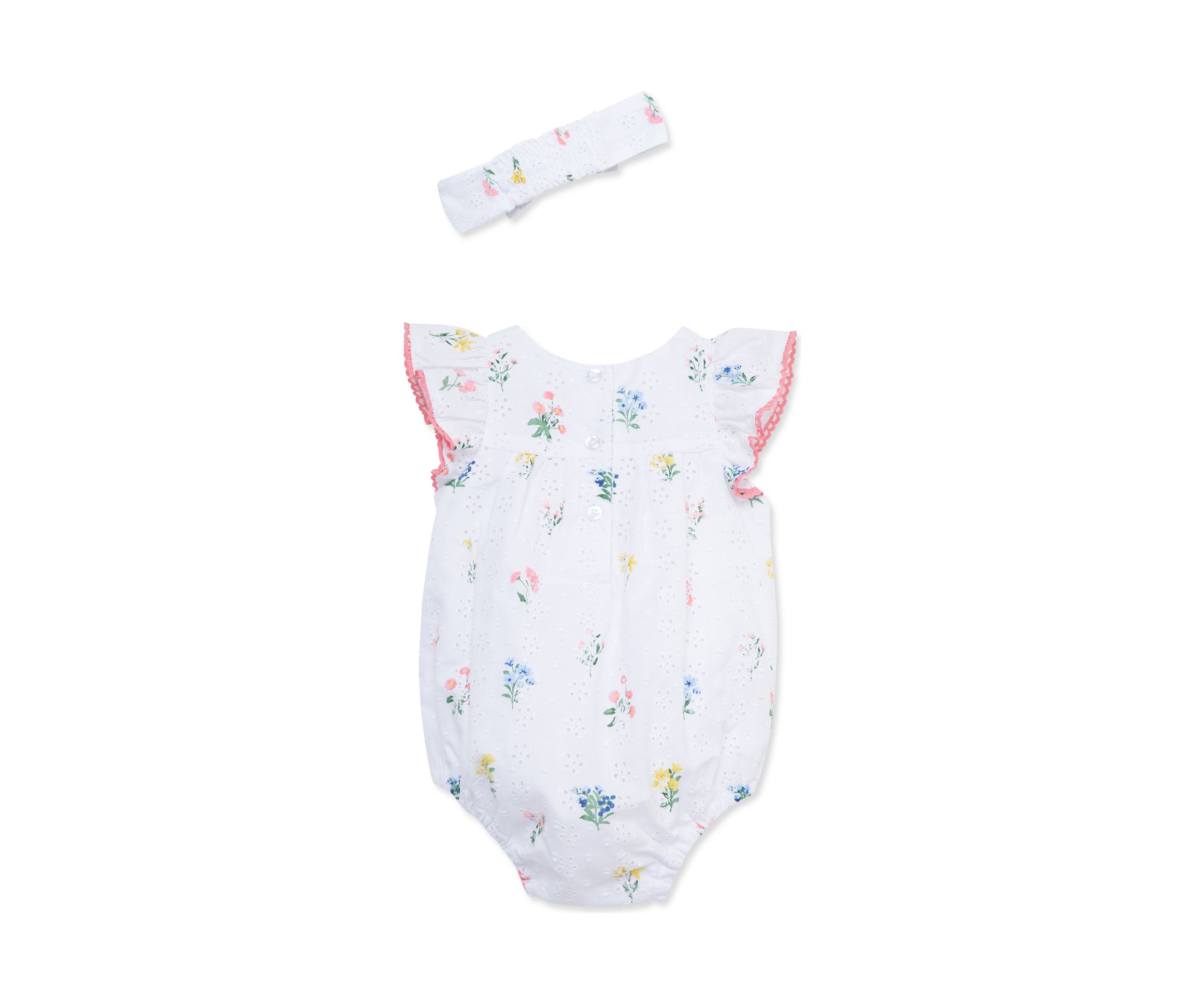 Baby Girls Eyelet Floral Bubble Romper with Headband