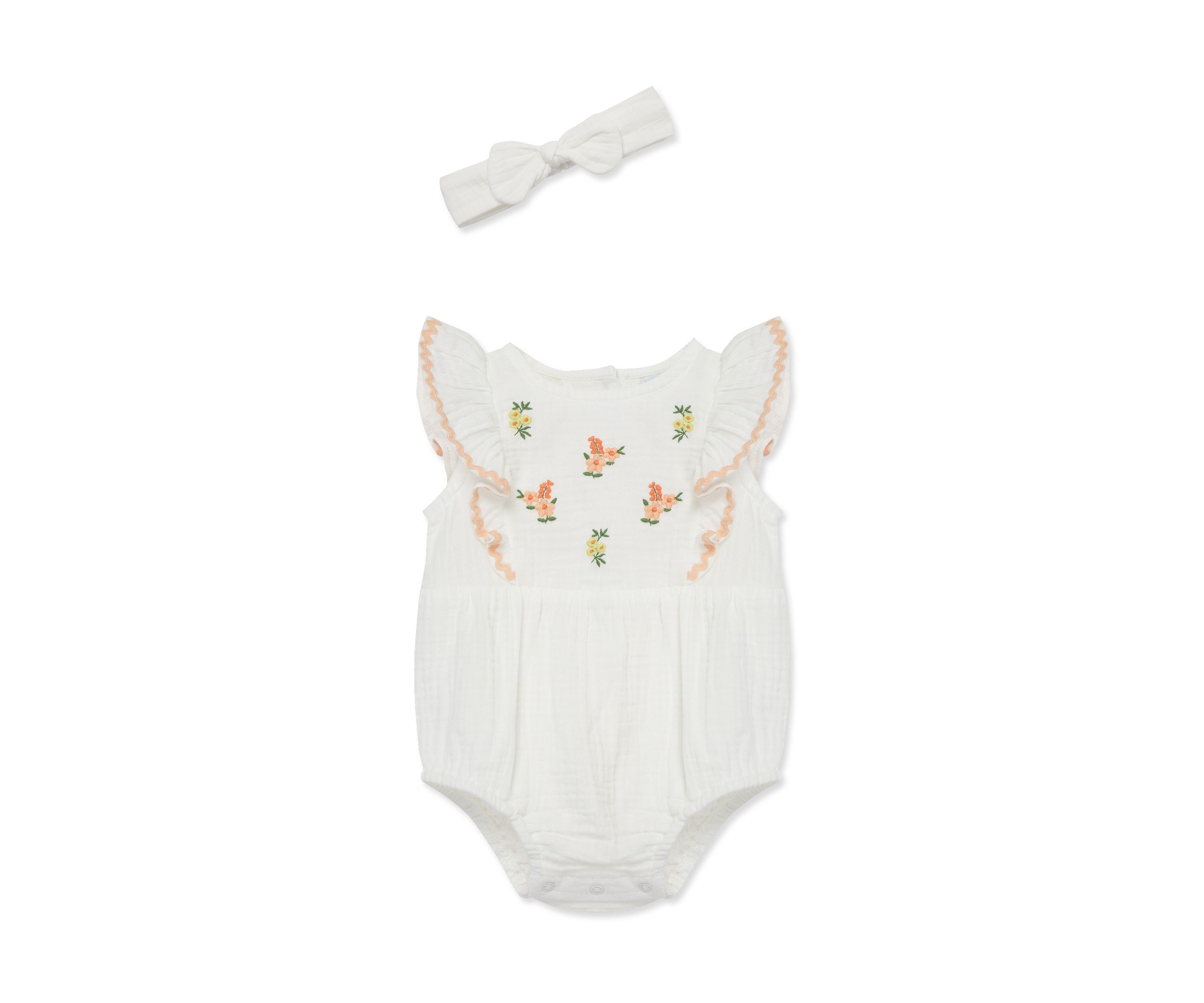 Baby Girls Flowers Bubble Bodysuit with Headband