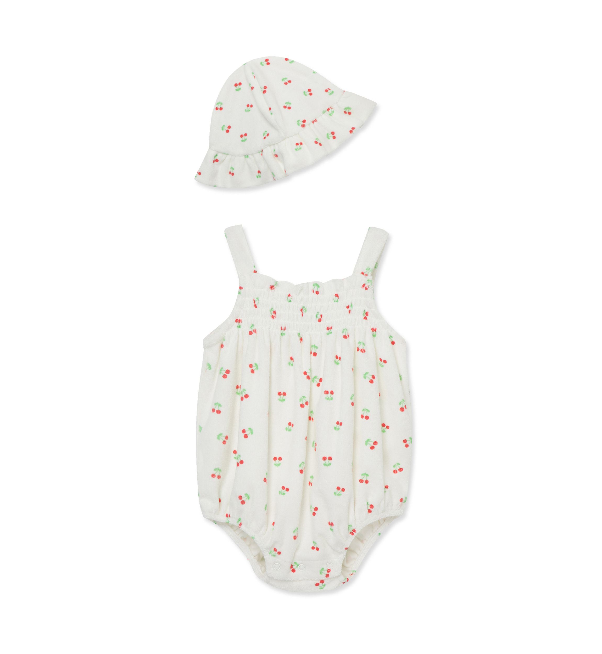 Baby Girls Cherries Bubble Bodysuit with Hat