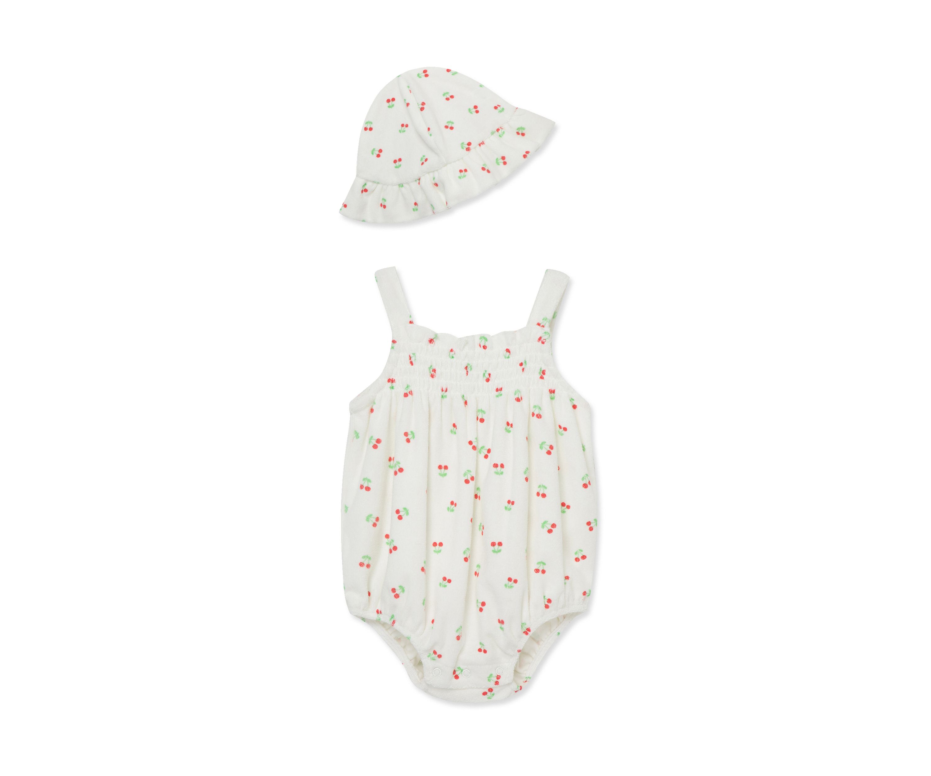 Baby Girls Cherries Bubble Bodysuit with Hat