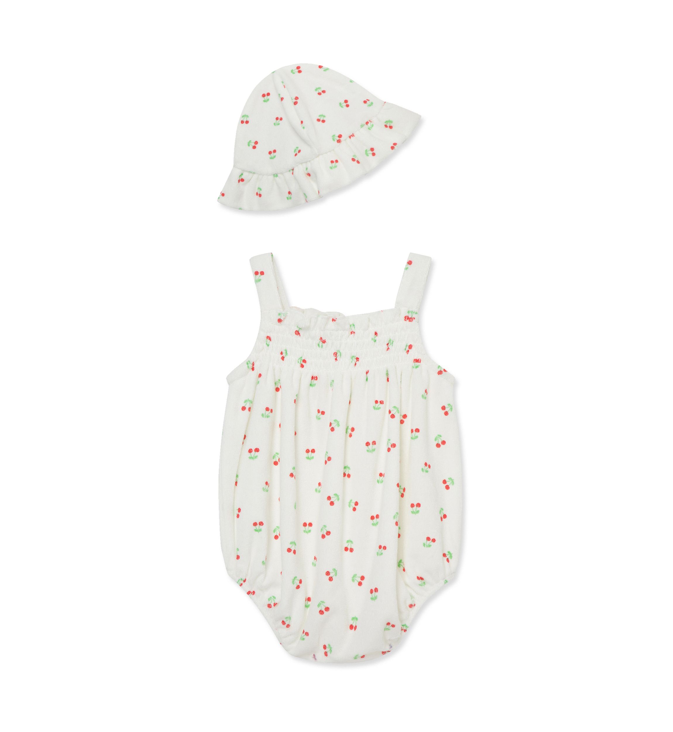 Baby Girls Cherries Bubble Bodysuit with Hat