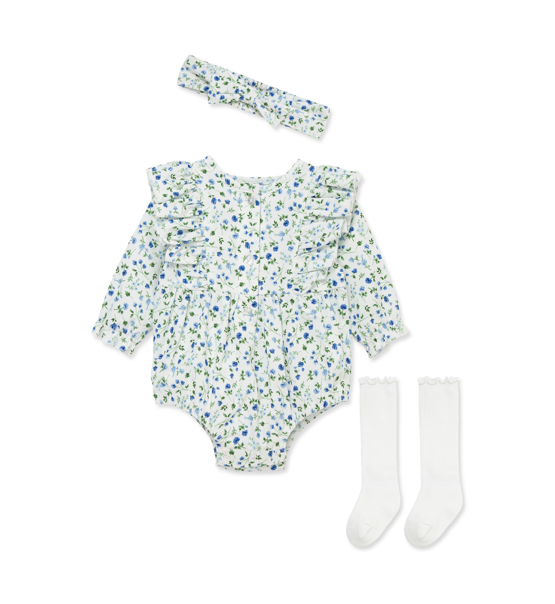 Baby Girls Blue Floral Bubble with Headband and Socks