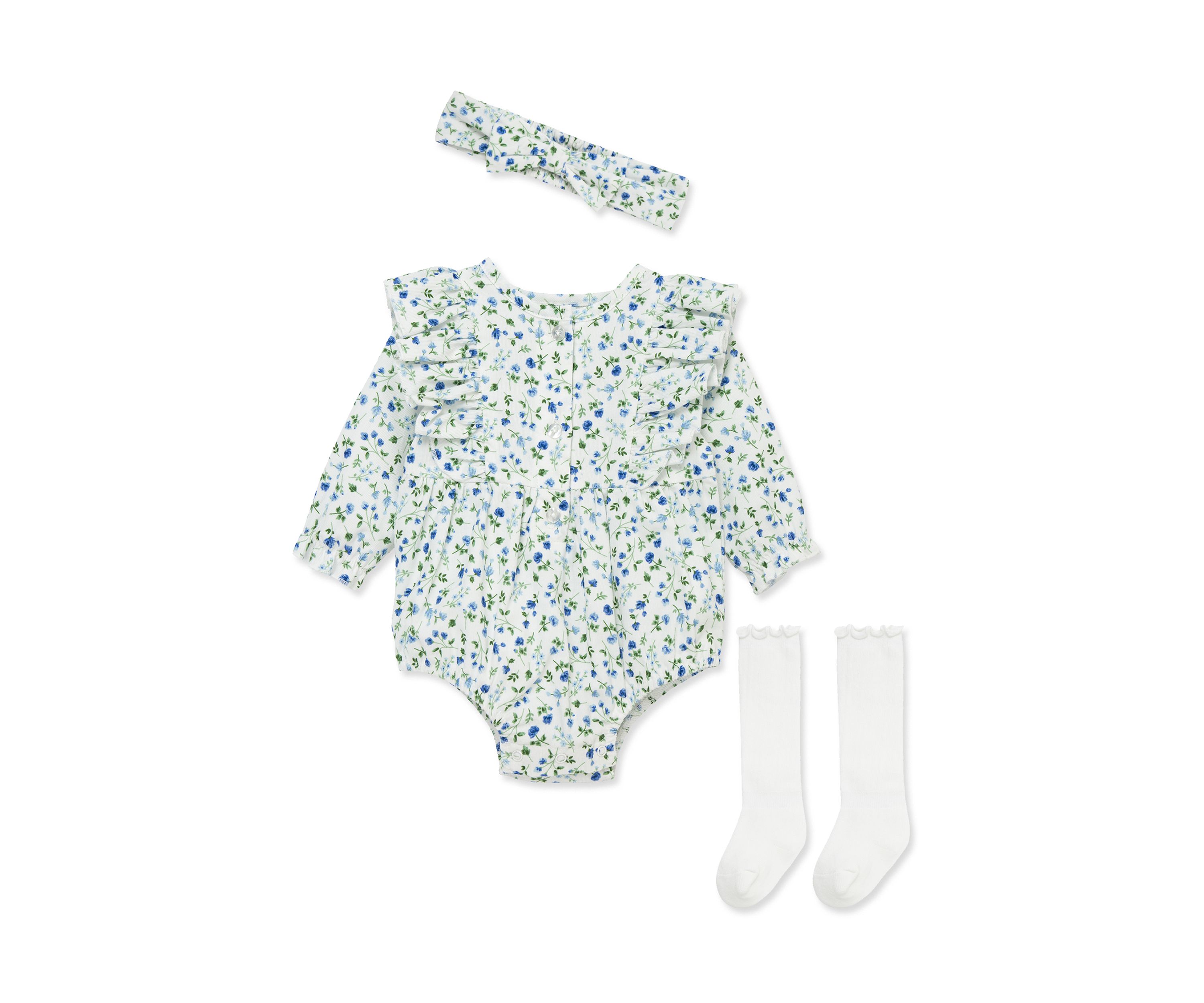 Baby Girls Blue Floral Bubble with Headband and Socks