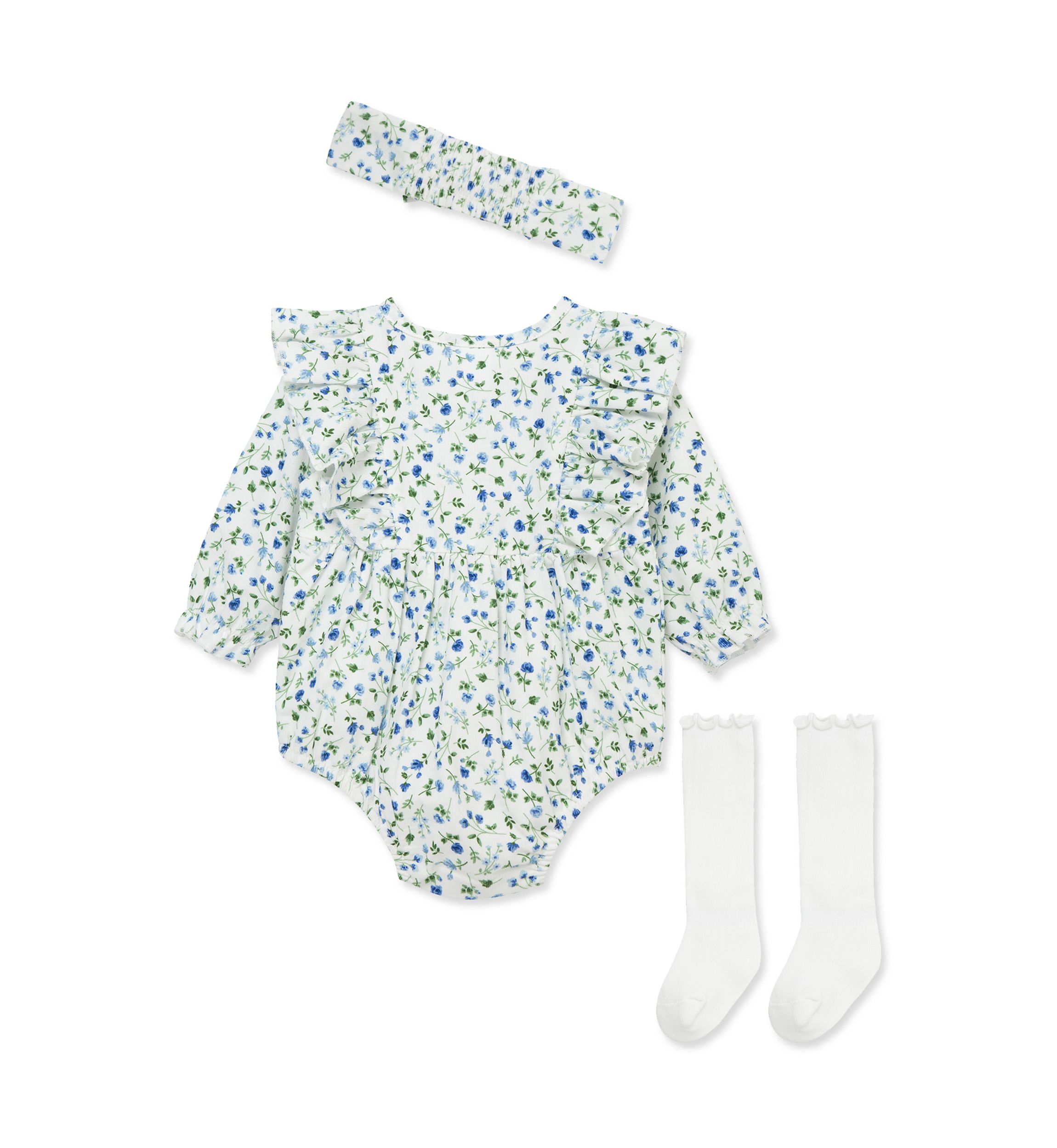 Baby Girls Blue Floral Bubble with Headband and Socks