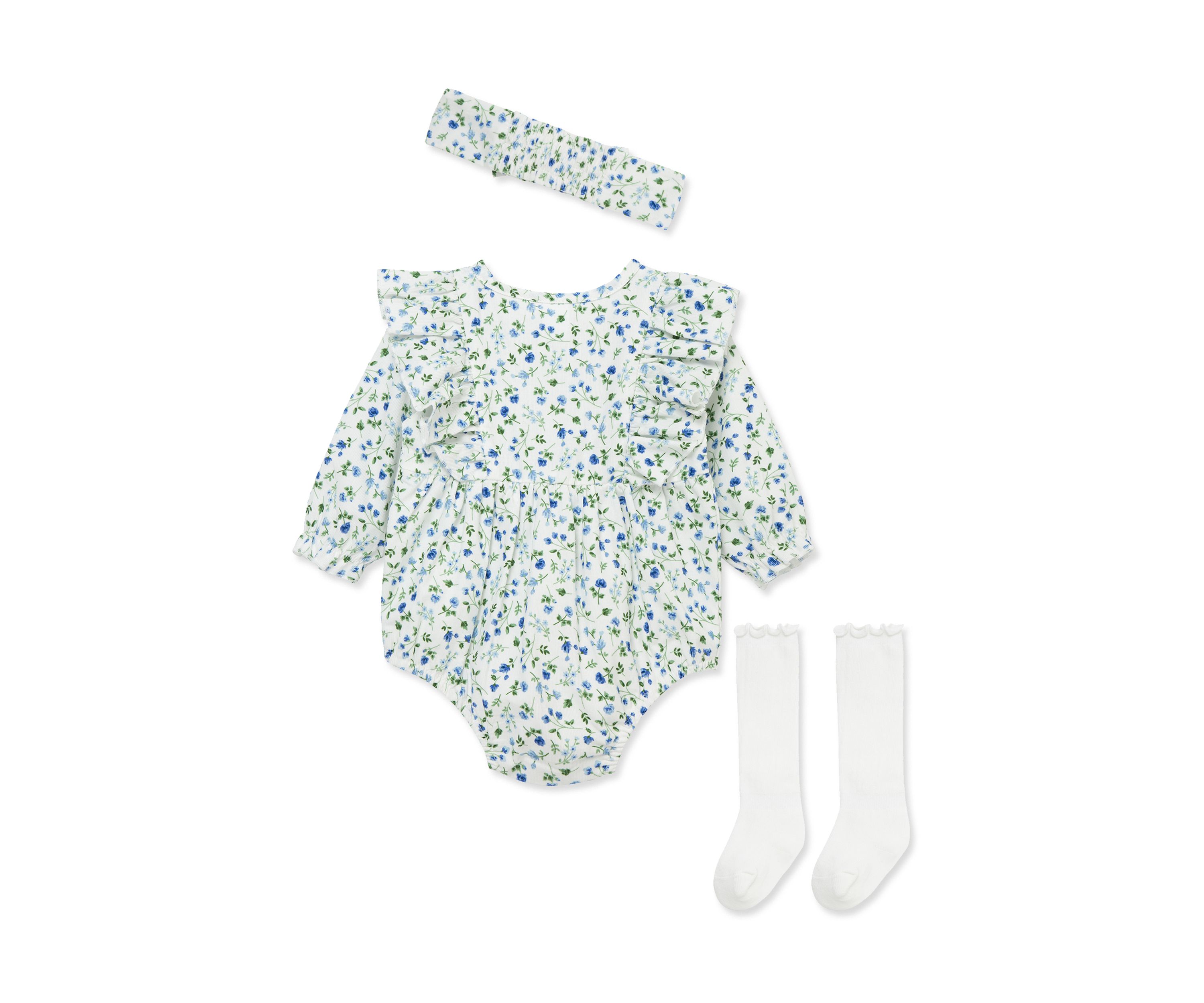 Baby Girls Blue Floral Bubble with Headband and Socks