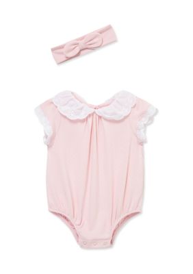 Little Me Baby Girls Eyelet Bubble Set with Headband, Pink, 6 Months