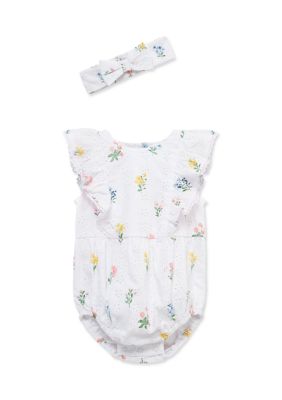 Little Me Baby Girls Eyelet Floral Bubble with Headband