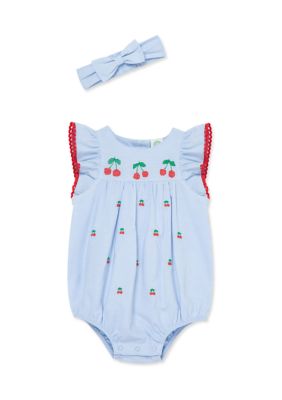 Little Me Baby Girls Cherry Onesie and Headband Set, Blue, 9 Months